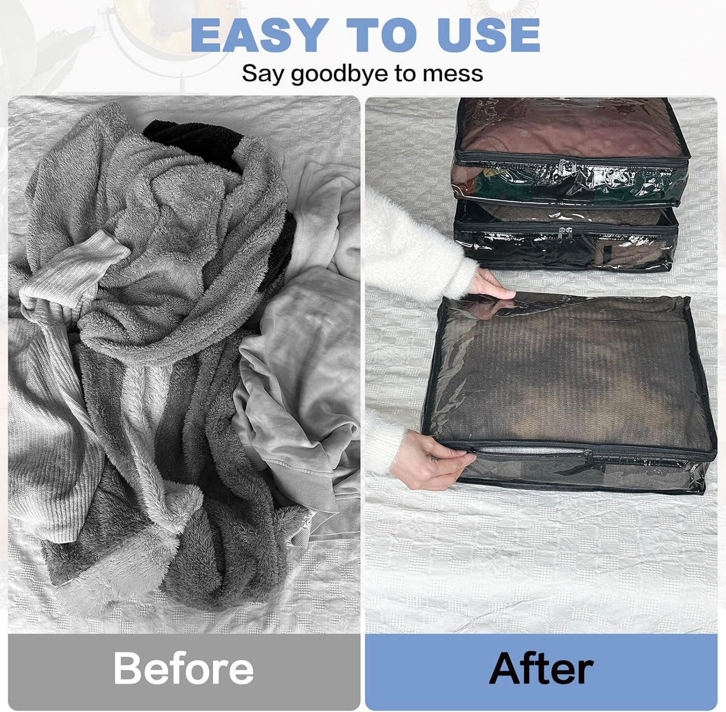 Clear Zippered Storage Bags Plastic Sweater Storage Bags with Zipper 6 Packs Clothing Organizer for Blankets Linen Sweater Bed Sheet Quilt Clothes Pillow (10.5 x 10.5 x 2.5 Inch, Black)