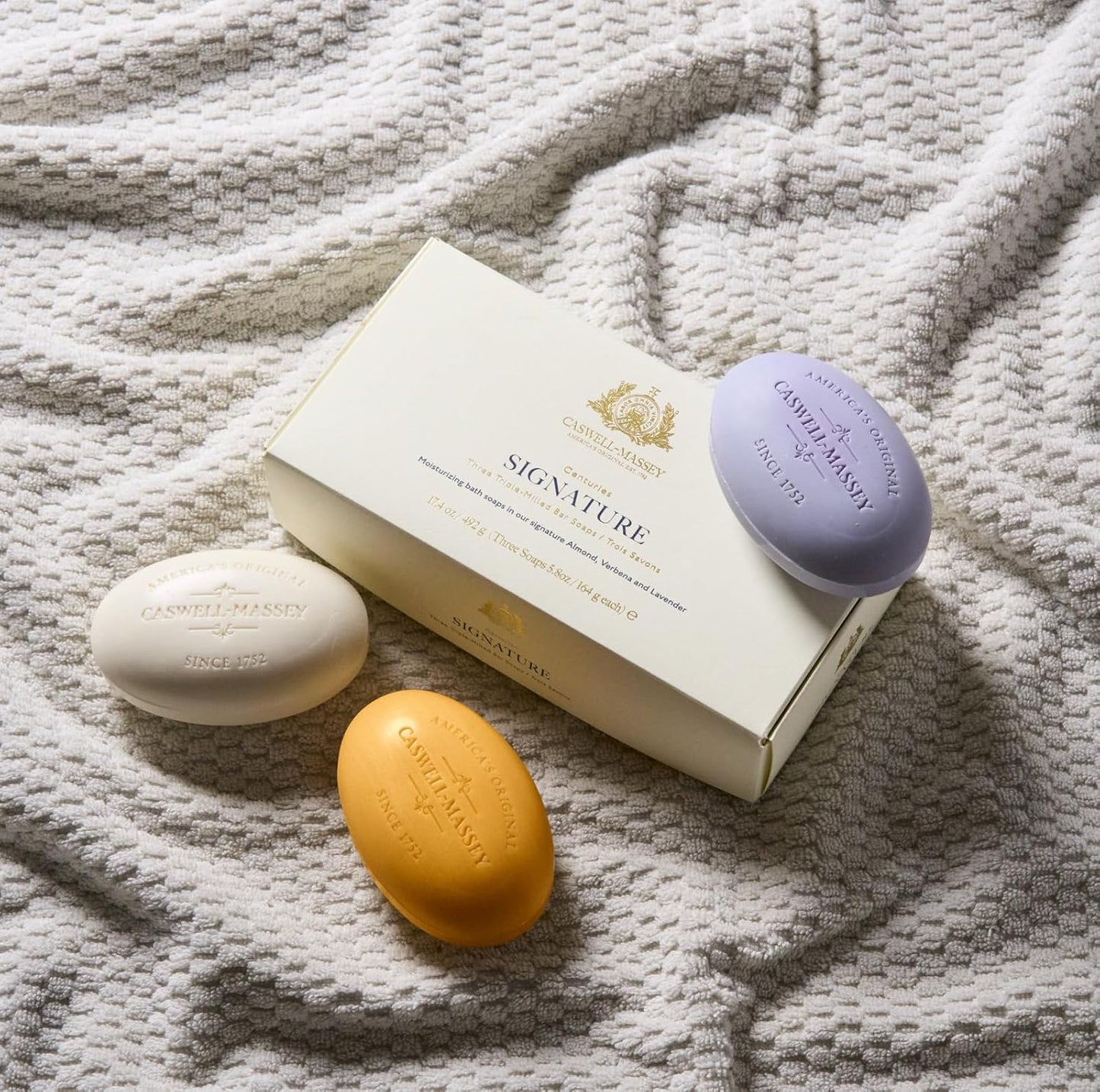 Caswell-Massey Natural Bar Soap Gift Set, Almond, Verbena, Lavender Scents, Triple-Milled Moisturizing Body Soap, Plant-Based for All Skin Types, Men, Women, Made in USA, 3 Bars, 5.8 oz Each