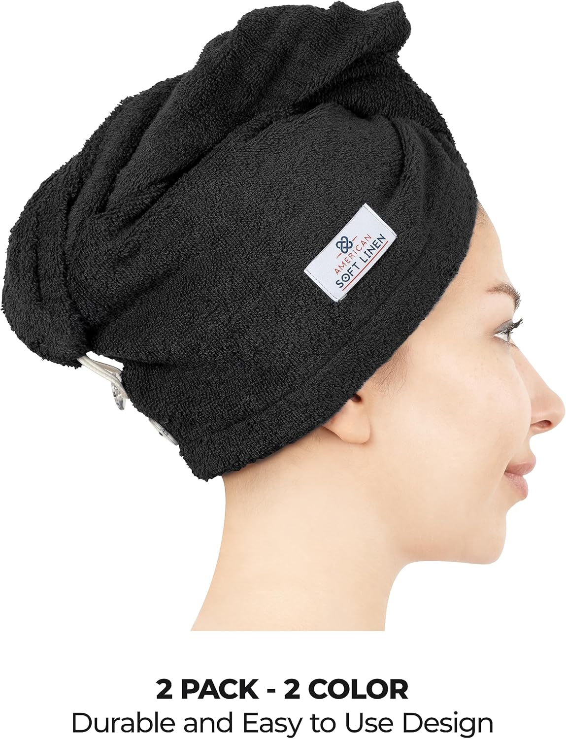 American Soft Linen 100% Cotton Hair Towels for Women, Head Towel Cap, Cotton Hair Turban Towel Wrap, Soft and Absorbent 2 Pack, Black-Light Gray