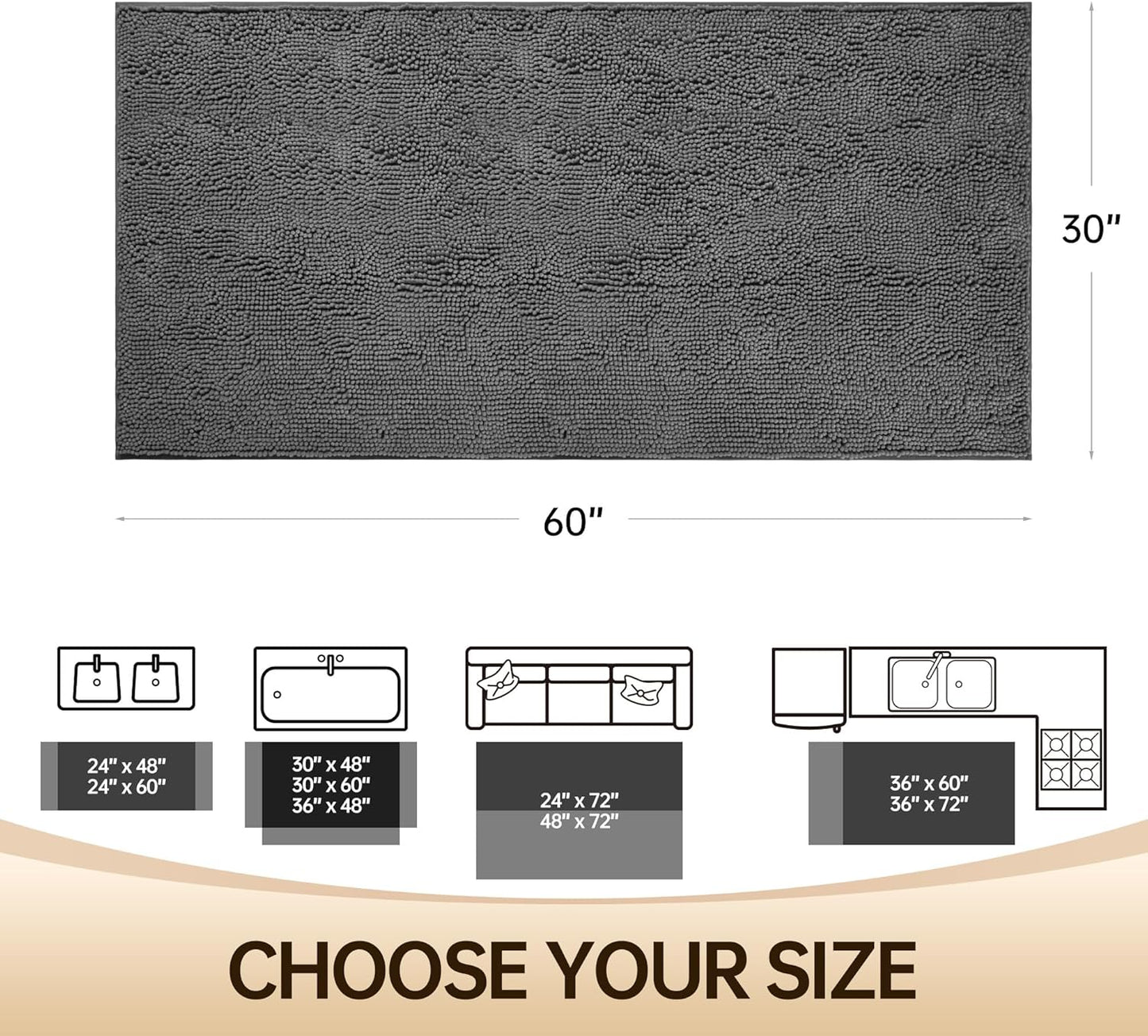 Amyracel Bathroom Rug Mat 30x60, Thick Soft Quick Dry Absorbent Chenille Bath Rug, Rubber Back Non Slip Machine Washable Bath Mat for Bathroom Shower Tub Floor