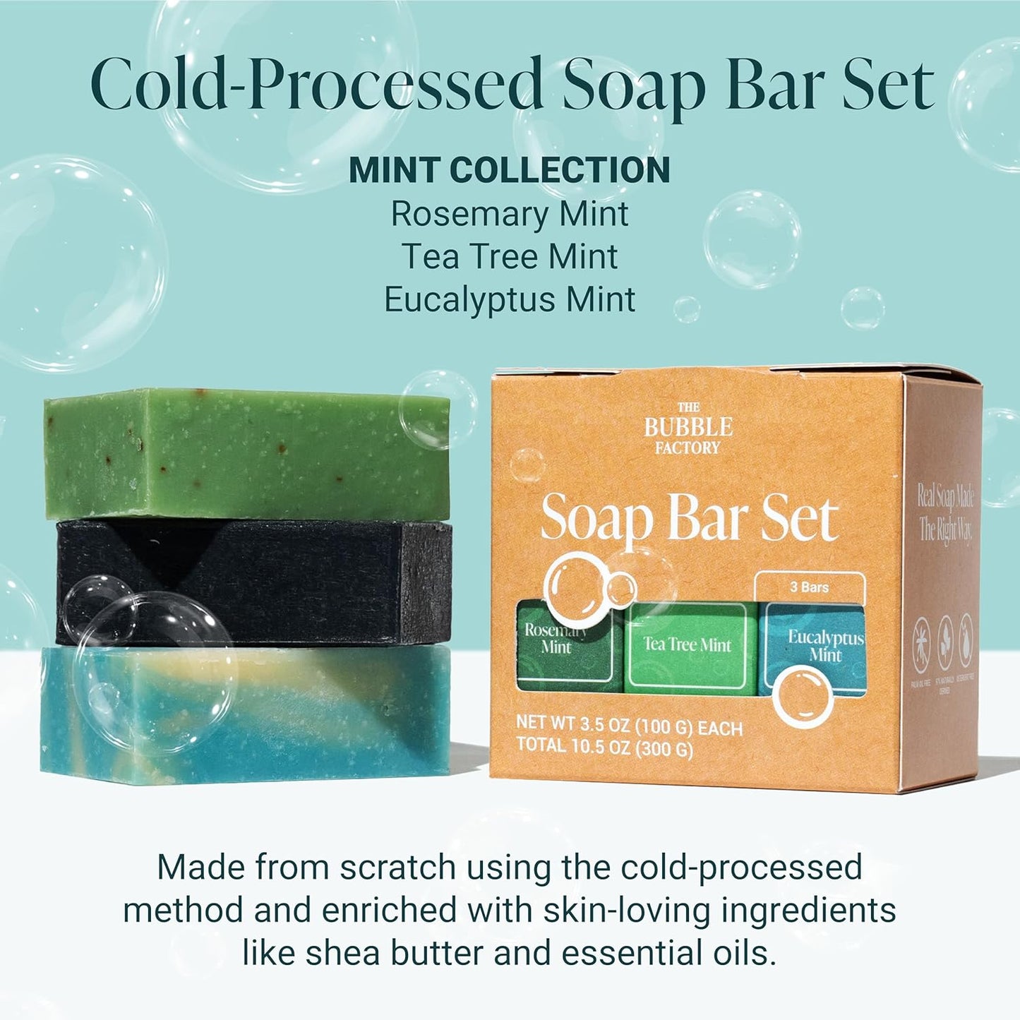 The Bubble Factory Handmade Natural Bath & Body Soap Bar, Vegan, All-Natural, Palm Oil Free, Made in USA with Shea Butter + Essential Oils, Eucalyptus Mint/Rosemary Mint/Tea Tree Mint, 3 Bars