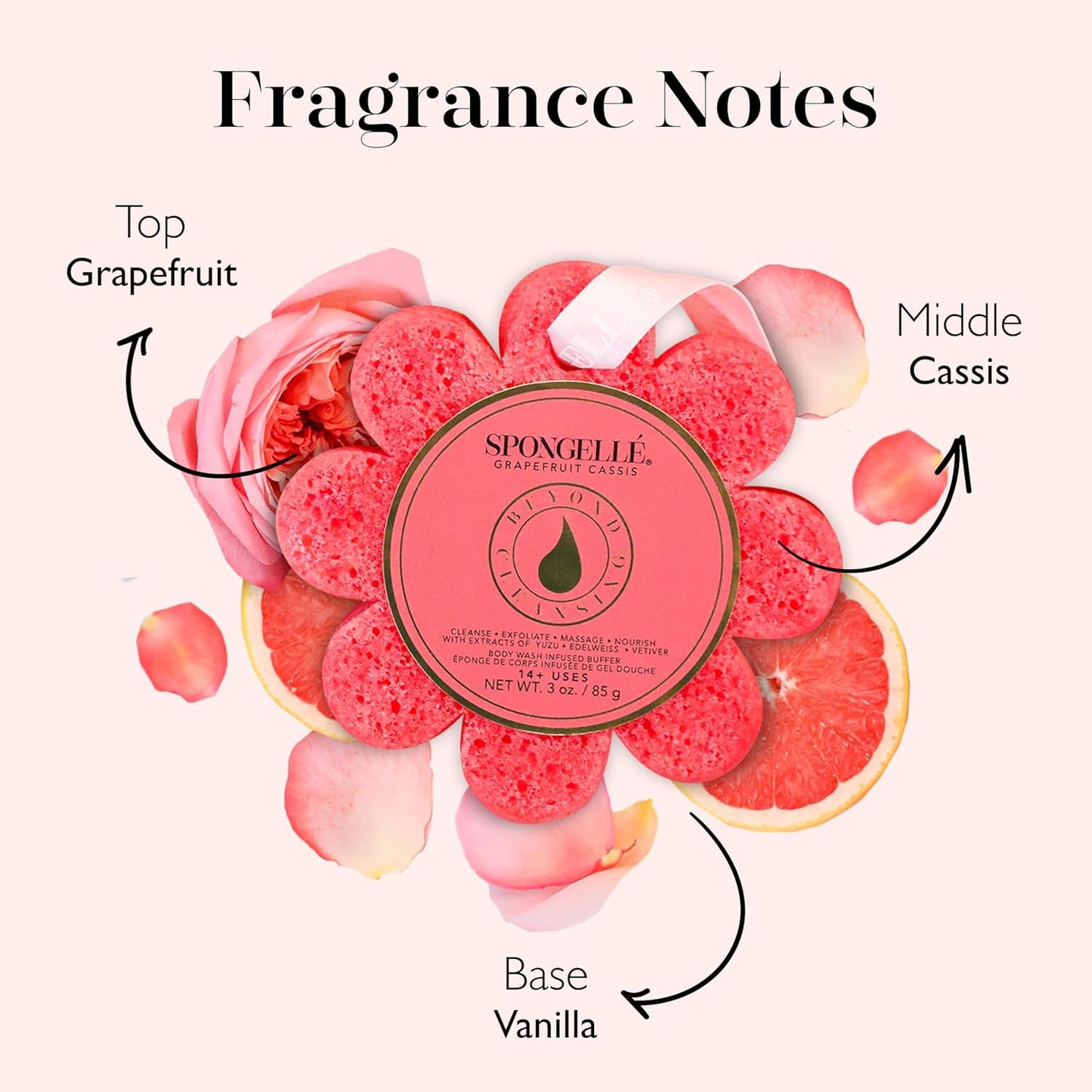 Spongelle Grapefruit Cassis Wild Flower Loofah Body Scrubber | Bath & Shower Loofah for Women | Body Scrubber Exfoliator with Body Wash Infused Sponge | 14+ uses | Zesty Grapefruit, Cassis & Vanilla