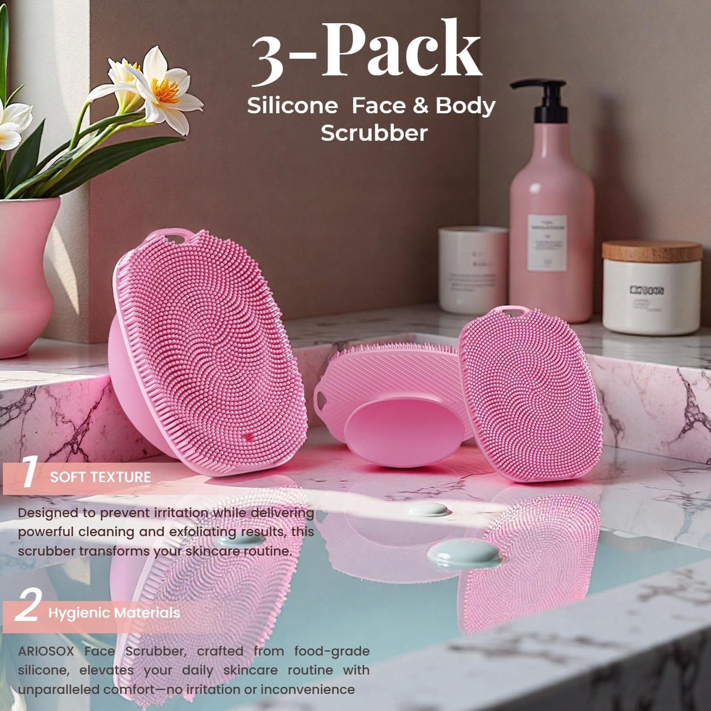 2 PCS Face Scrubber, Soft Silicone Face Exfoliator with Suction Cup for Man and Women Deep Skin Clean (Body Scrubber + Face Scrubber Pink)