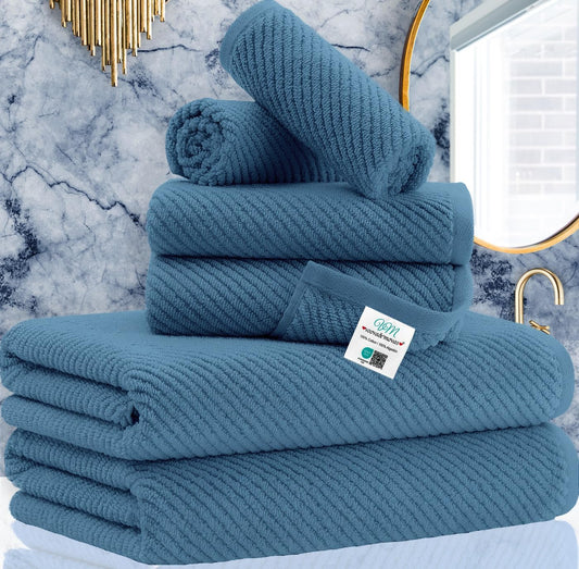 VOOVA & MOVAS Blue Towels Bathroom Sets, 100% Cotton | Lightweight | Soft | Quick Dry | Thick, Towel Set of 6, 2 Large Bath 30"x56", 2 Hand 18"x28", 2 Wash Cloths 13"x13", Denim Blue Towel Gift