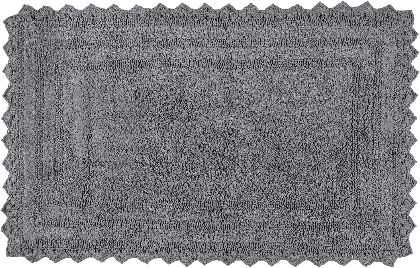 RAJRANG Titanium Grey Cotton Bath Rug – Rectangle 34x21 Inches with Crochet Edge – Reversible, Absorbent, Soft Boho Mat for Bathroom, Vanity, Spa, or Kitchen Use