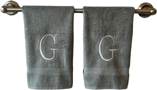 Gray Initial Hand Towel for Bathroom - Monogrammed Luxury Hotel Quality Decorative Embroidered Towel for Powder Room, Spa - GOTS Organic Certified - Set of 2 Silver Letter G