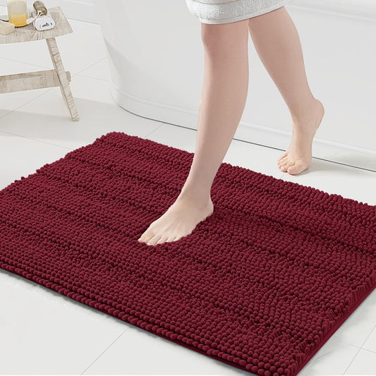 Grandaily Chenille Striped Bathroom Rugs 36x24, Extra Thick and Absorbent Bath Mats, Non-Slip Soft Plush Shaggy Shower Carpet, Machine Wash Dry, Bath Rug for Bathroom, (Large, Burgundy)