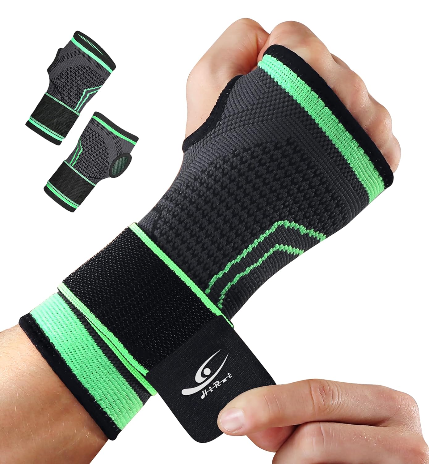 HiRui 2-Pack Wrist Brace Wrist Wraps, Hand Compression Sleeves with Wrist Straps Support for Fitness Weightlifting MTB Tendonitis Carpal Tunnel Arthritis Pain Relief (Green, Medium)