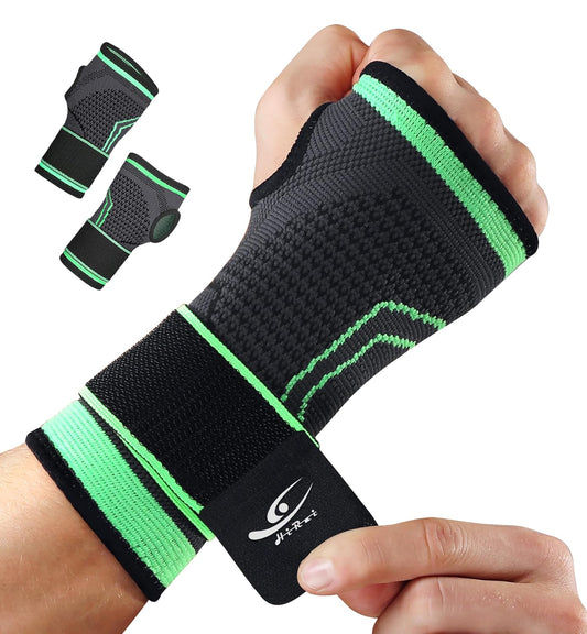 HiRui 2-Pack Wrist Brace Wrist Wraps, Hand Compression Sleeves with Wrist Straps Support for Fitness Weightlifting MTB Tendonitis Carpal Tunnel Arthritis Pain Relief (Green, Small)