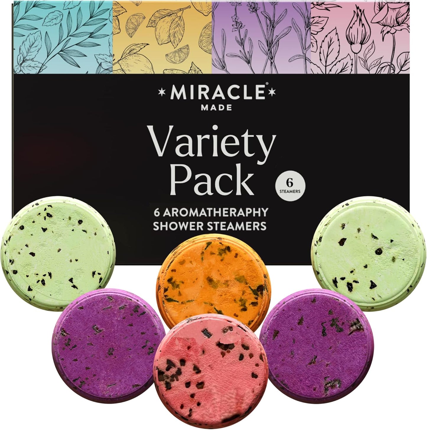 Miracle Made Variety Pack Aromatherapy Shower Steamers – Essential Oil Shower Bombs for Relaxation, Nasal Relief & Daily Self-Care – 6 Shower Melt Tablets with Dried Flowers