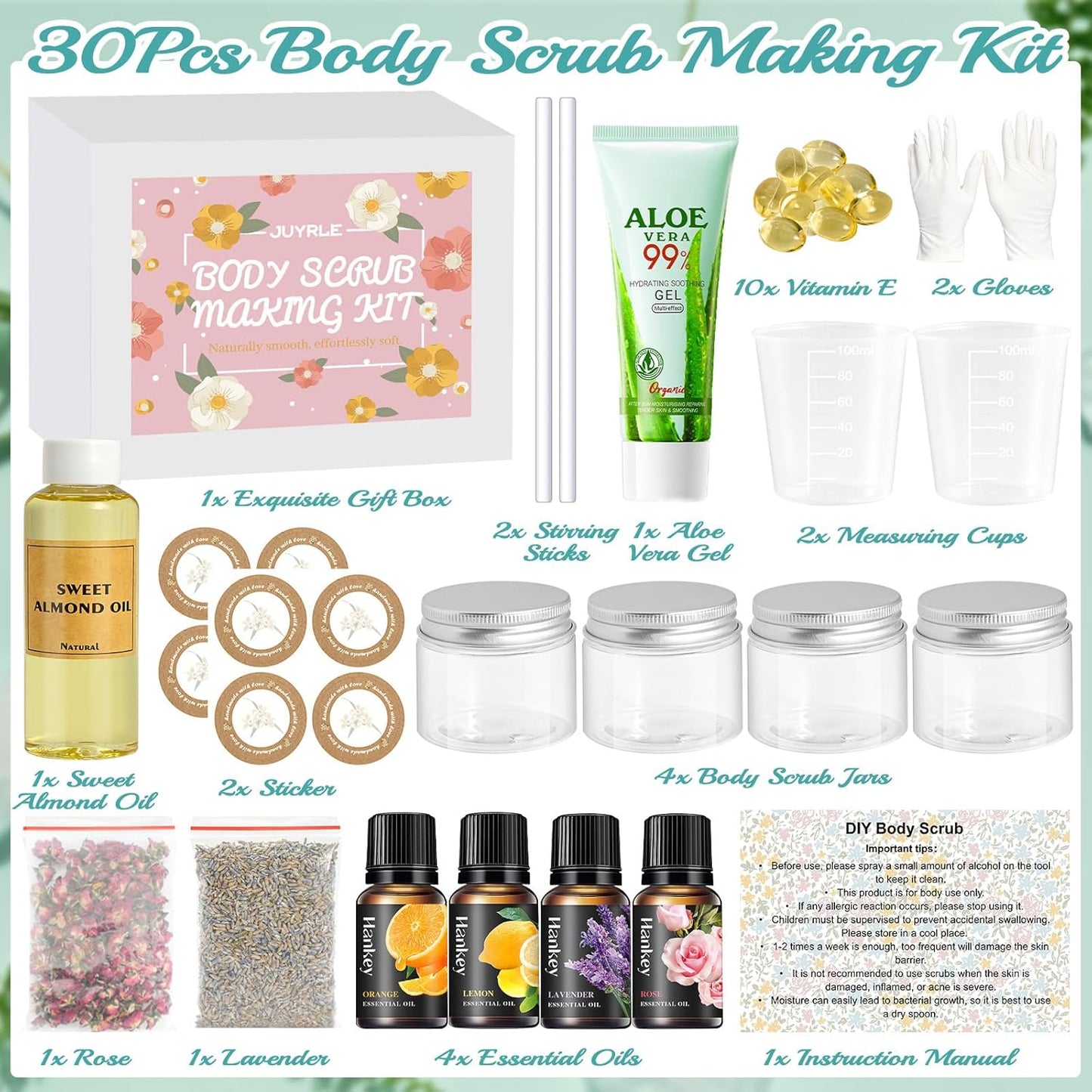 Body Scrub Making Kit- Make Your Own Salt Body Scrub with Almond Oil, Essential Oils, Moisturizing and Exfoliating Dry Skin, Hand, Foot, DIY Organic Body Scrubs Gifts For Women & Men