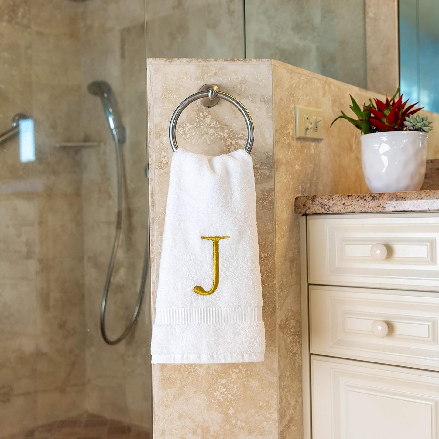 Monogrammed Hand Towels for Bathroom - Luxury Hotel Quality Personalized Initial Decorative Embroidered Bath Towel for Powder Room, Spa - GOTS Organic Certified - Set of 2 Gold Letter J