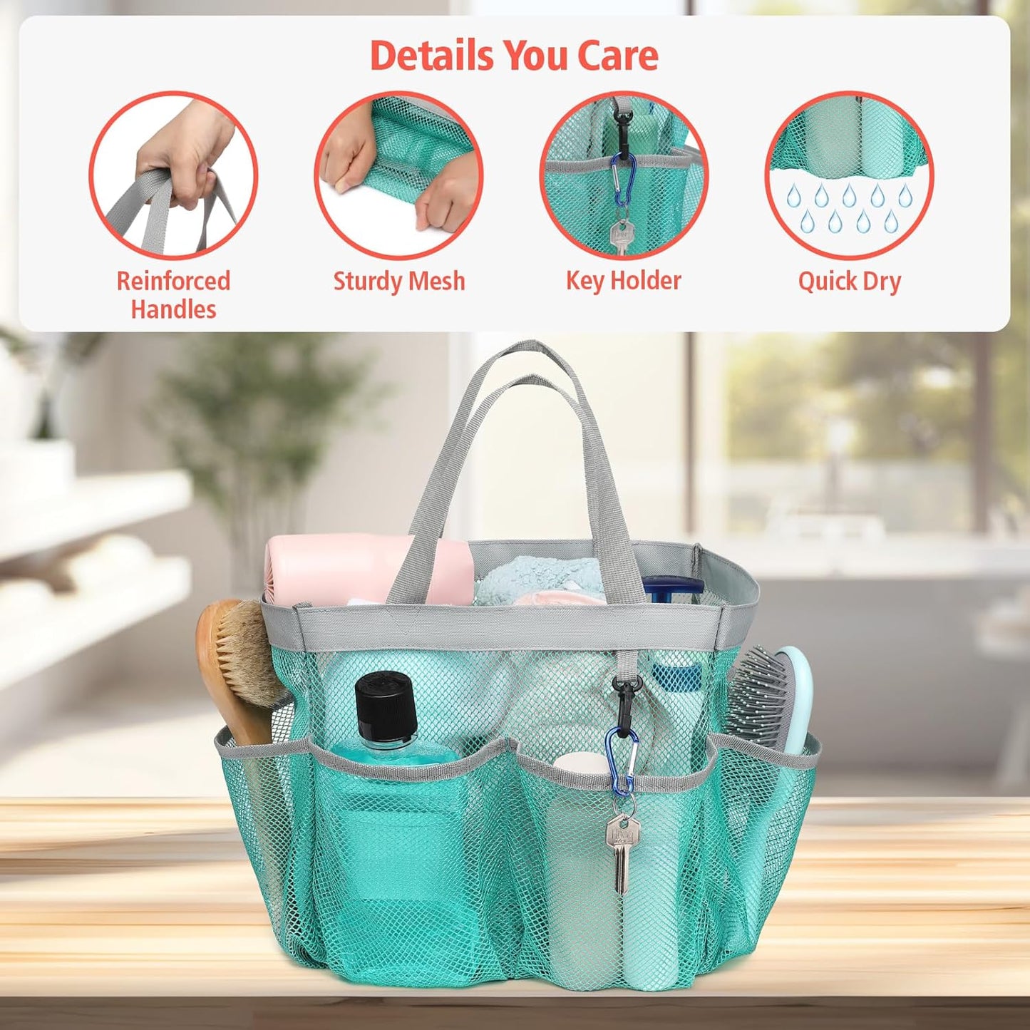 F-color Mesh Shower Caddy Portable with Dividers - Upgrade Deeper 7 Pockets Dorm Room Essentials with S Hook, Shower Bag Basket Tote for Guys Girls College Camping Toiletry Bathroom, Mint Green