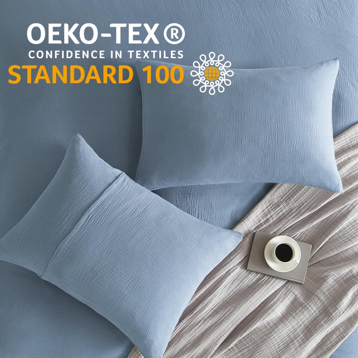 SE SOFTEXLY Muslin Pillowcases King Size 100% Cotton, 2 Pack Linen Like Pillow Shams with Envelope Closure, Ultral Soft and Breathable Pillow Case Covers, Blue, 20" X 36", No Filling