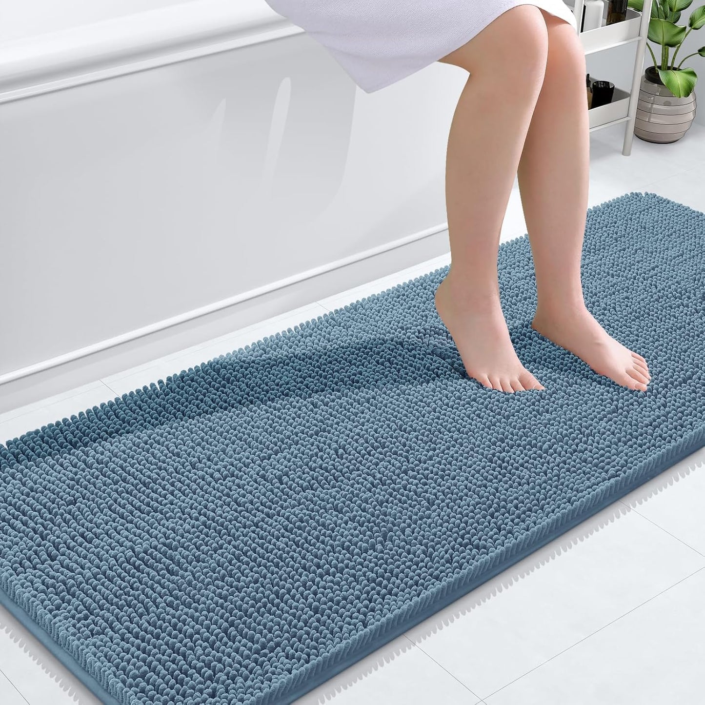 OLANLY Bathroom Rugs 59x24, Extra Soft Absorbent Chenille Bath Rugs, Rubber Backing Quick Dry, Machine Washable Bath Mats for Bathroom Floor, Tub and Shower, Home Decor Accessories, Airy Blue