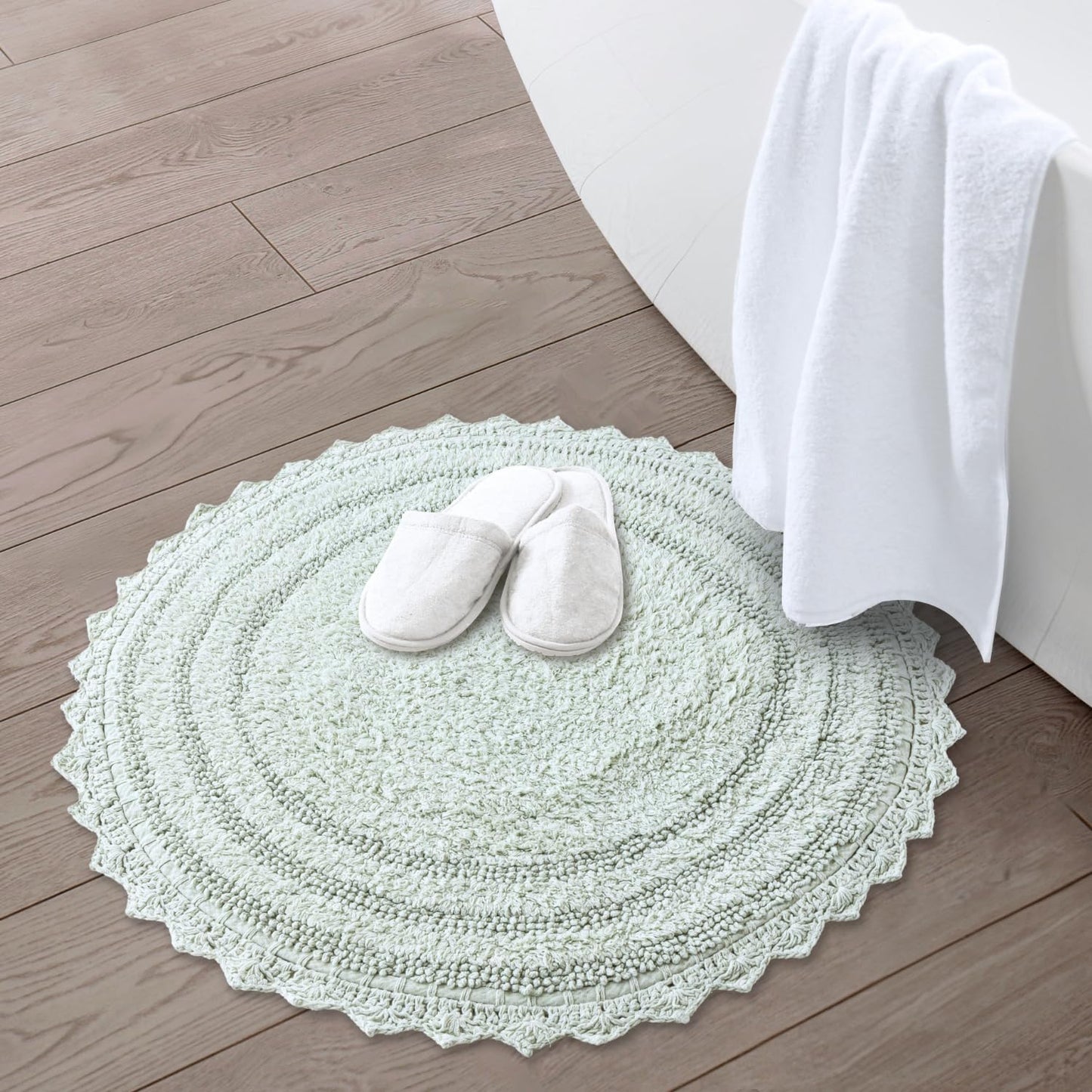 RAJRANG Meadow Mist Green Round Bath Mat – 24 Inch Cotton Crochet Rug with Lace Trim, Soft Absorbent Reversible Mat for Bathroom, Spa and Kitchen