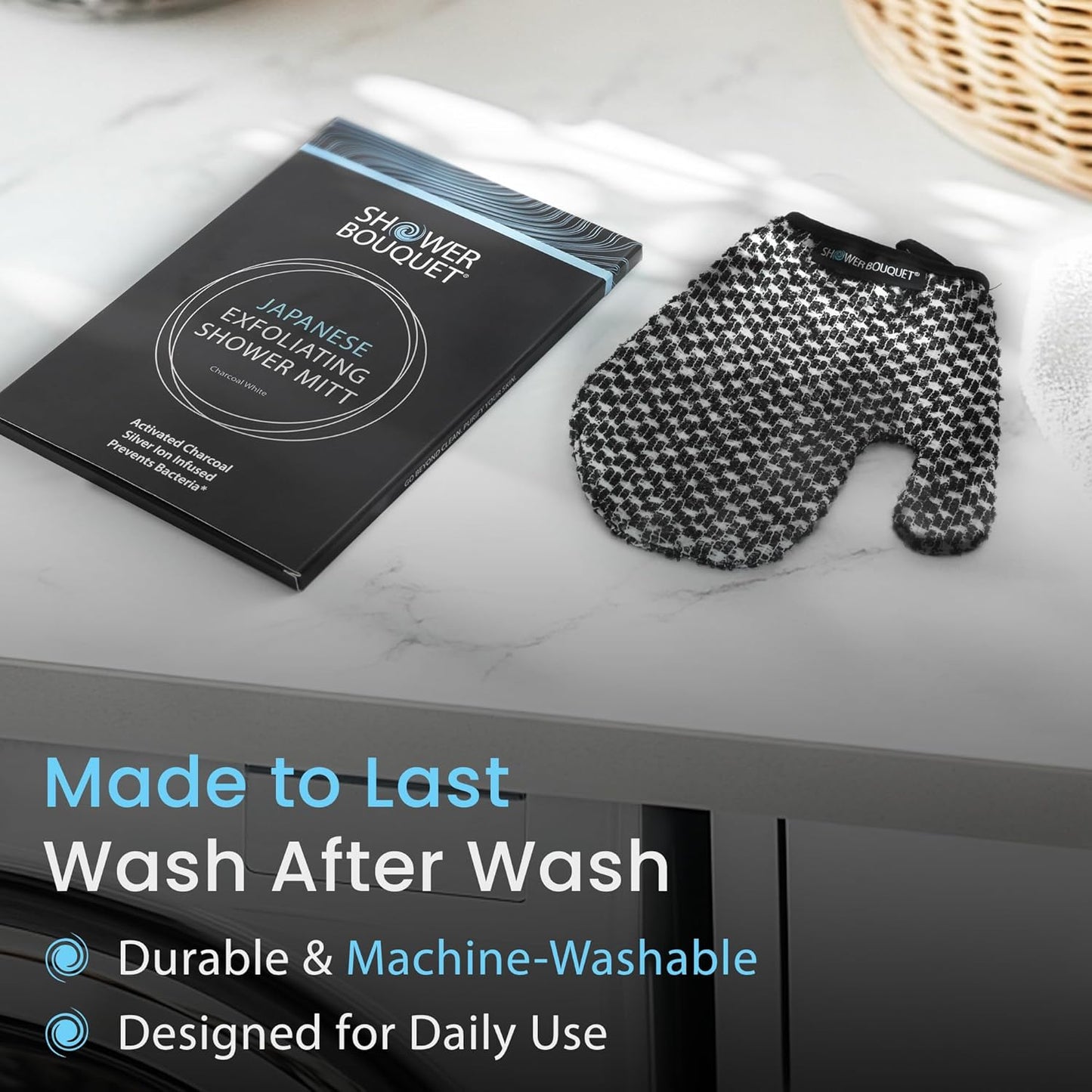 Japanese Exfoliating Mitt 2-Pack - Charcoal & Silver Ion Exfoliating Gloves for Shower - Soft Inner Fabric Gentle Exfoliation & Deep Cleansing Body Scrub Gloves for All Skin Types - 1 White, 1 Green