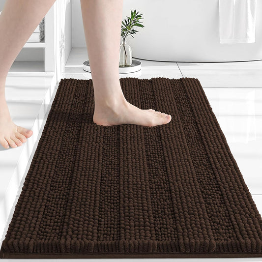 Grandaily Chenille Striped Bathroom Rugs 24x16, Extra Thick and Absorbent Bath Mats, Non-Slip Soft Plush Shaggy Shower Carpet, Machine Wash Dry, Bath Rug for Bathroom, (Small, Brown)