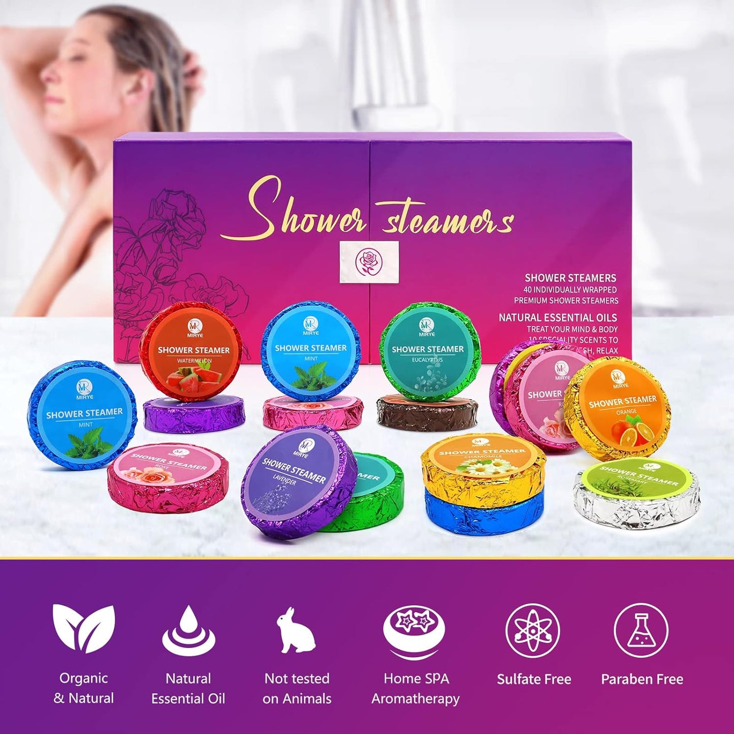 40 PCS Shower Steamers Aromatherapy for Women or Men, 10 Scents Organic with Rose Lavender Mint Watermelon Eucalyptus Lemon Rosemary Grapefruit, Shower Bombs Spa Birthday Gifts for Her Him