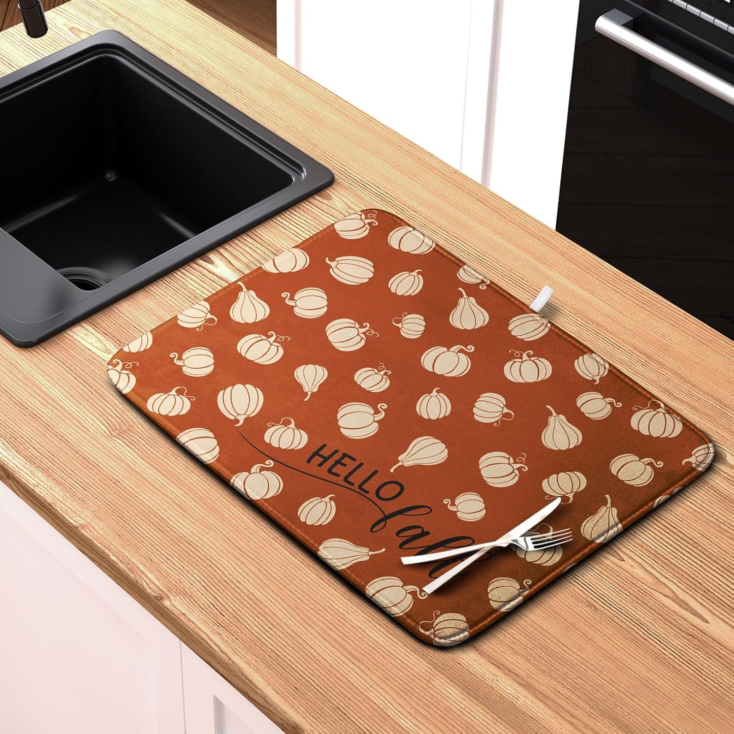 Hello Fall Drying Mat for Kitchen Counter Autumn Orange Pumpkin Dry Dish Mat Thanksgiving Absorbent Microfiber Dish Draining Washable Dish Drainer Rack Mat Large 18x24 Inch