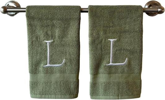 Sage Initial Hand Towel for Bathroom - Monogrammed Luxury Hotel Quality Decorative Embroidered Towel for Powder Room, Spa - GOTS Organic Certified - Set of 2 Letter L