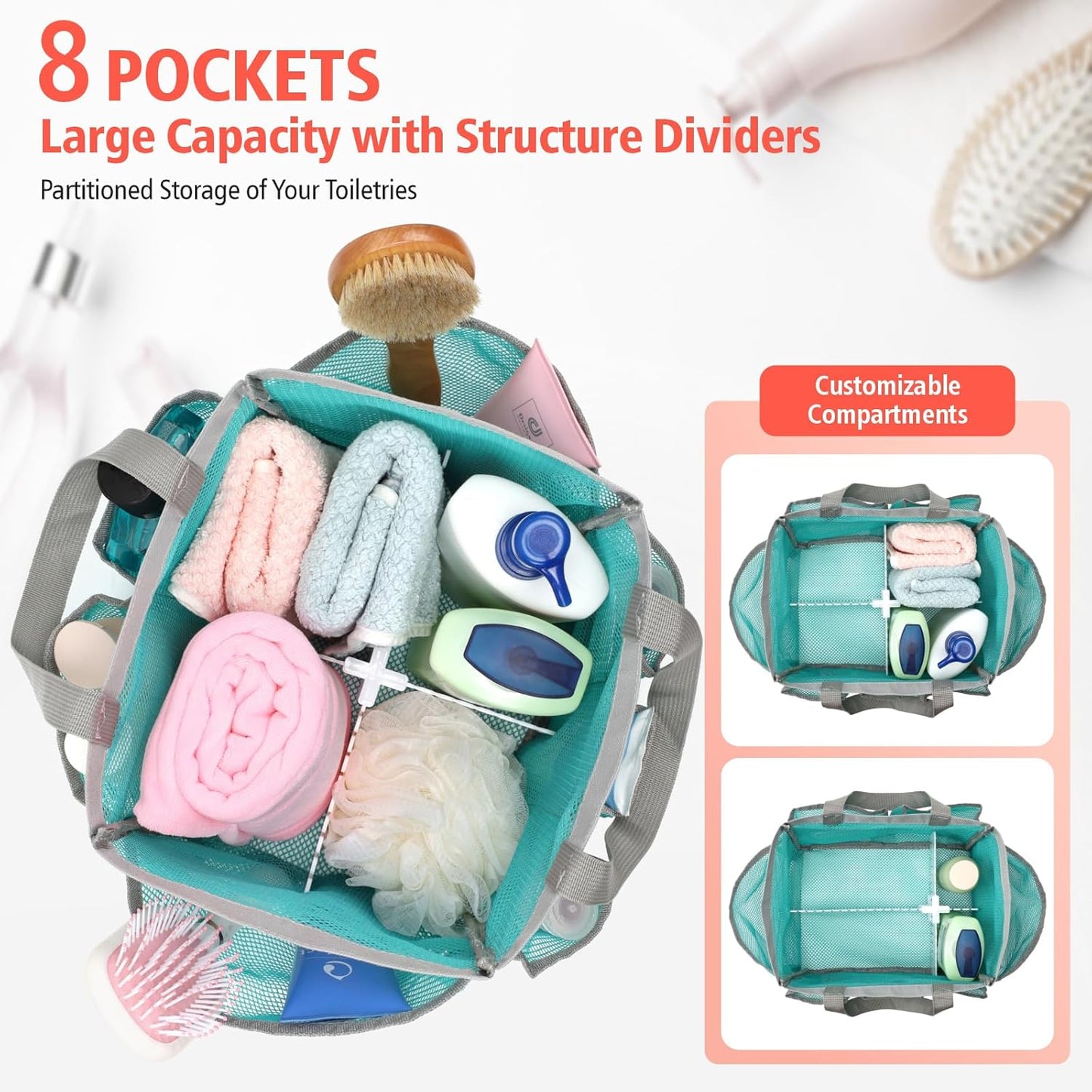 F-color Mesh Shower Caddy Portable with Dividers - Upgrade Deeper 7 Pockets Dorm Room Essentials with S Hook, Shower Bag Basket Tote for Guys Girls College Camping Toiletry Bathroom, Mint Green