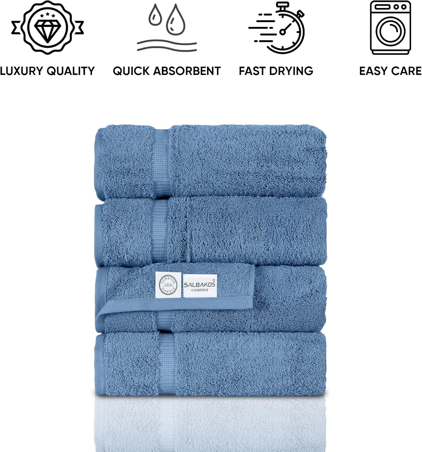 SALBAKOS 100% Turkish Cotton Bath Towel Set of 4 27x54 inch | Heirloom Quality | Hotel & Spa Collection | Ultra Soft, Super Absorbent, Long Lasting Bath Towels | Made in Turkey (Blue, 4 Bath Towels)