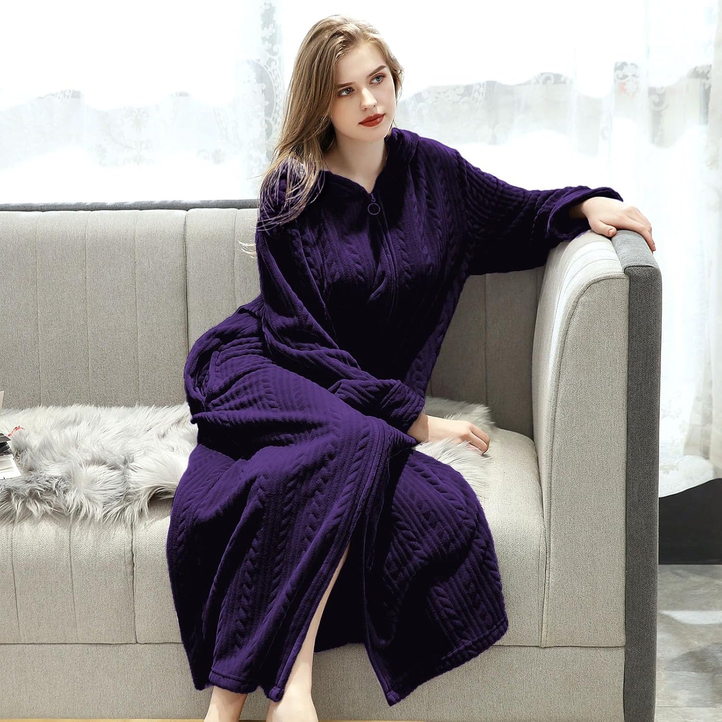 Hellomamma Long Hooded Zipper Bathrobe for Womens Flannel Fleece Robes Winter Warm Housecoat Nightgown Sleepwear Pajamas