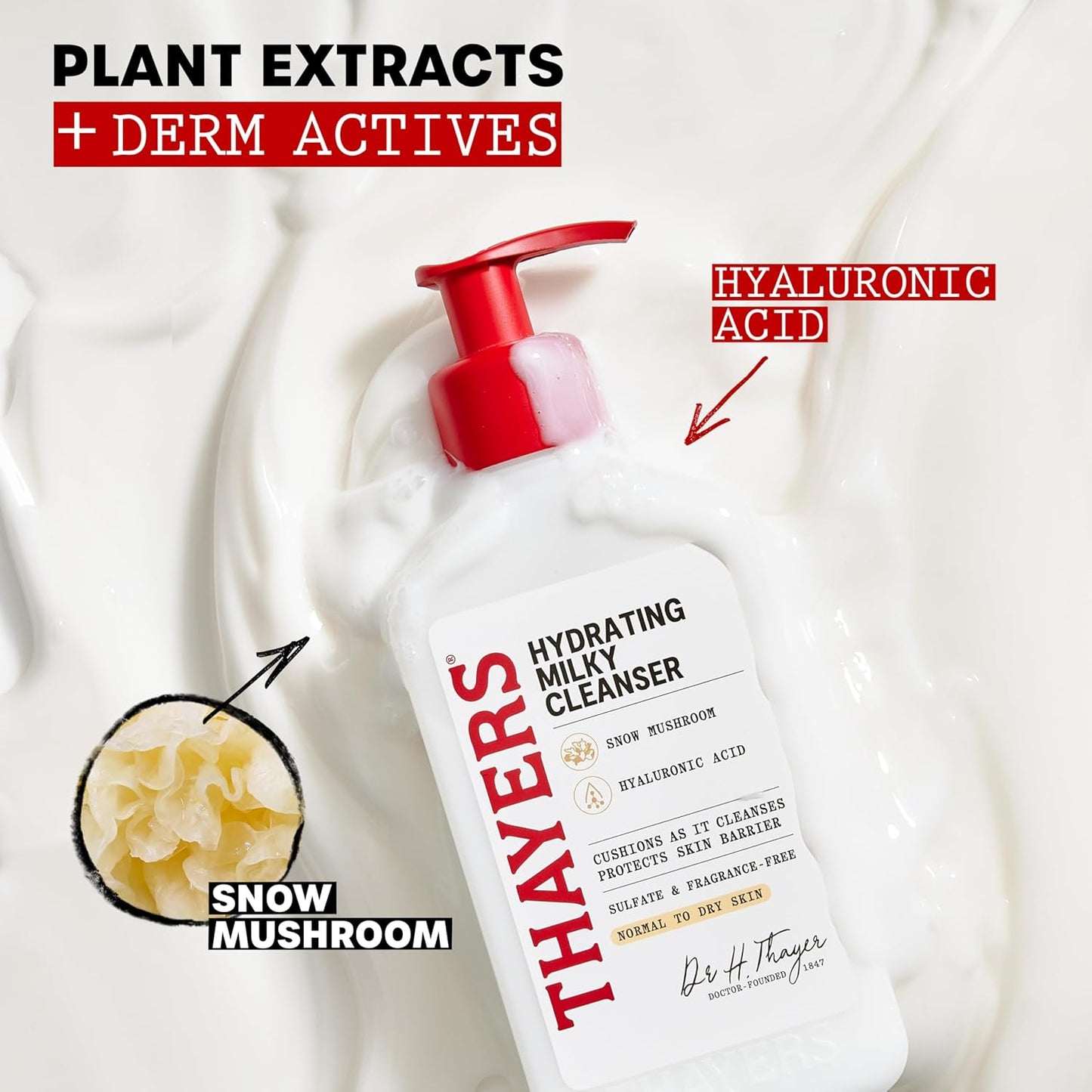 THAYERS Milky Hydrating Face Cleanser with Snow Mushroom, Hyaluronic Acid, Dermatologist Recommended Gentle Facial Wash, Hydrating Skincare for Dry, Sensitive Skin, Paraben Free, 8 FL Oz, Clear