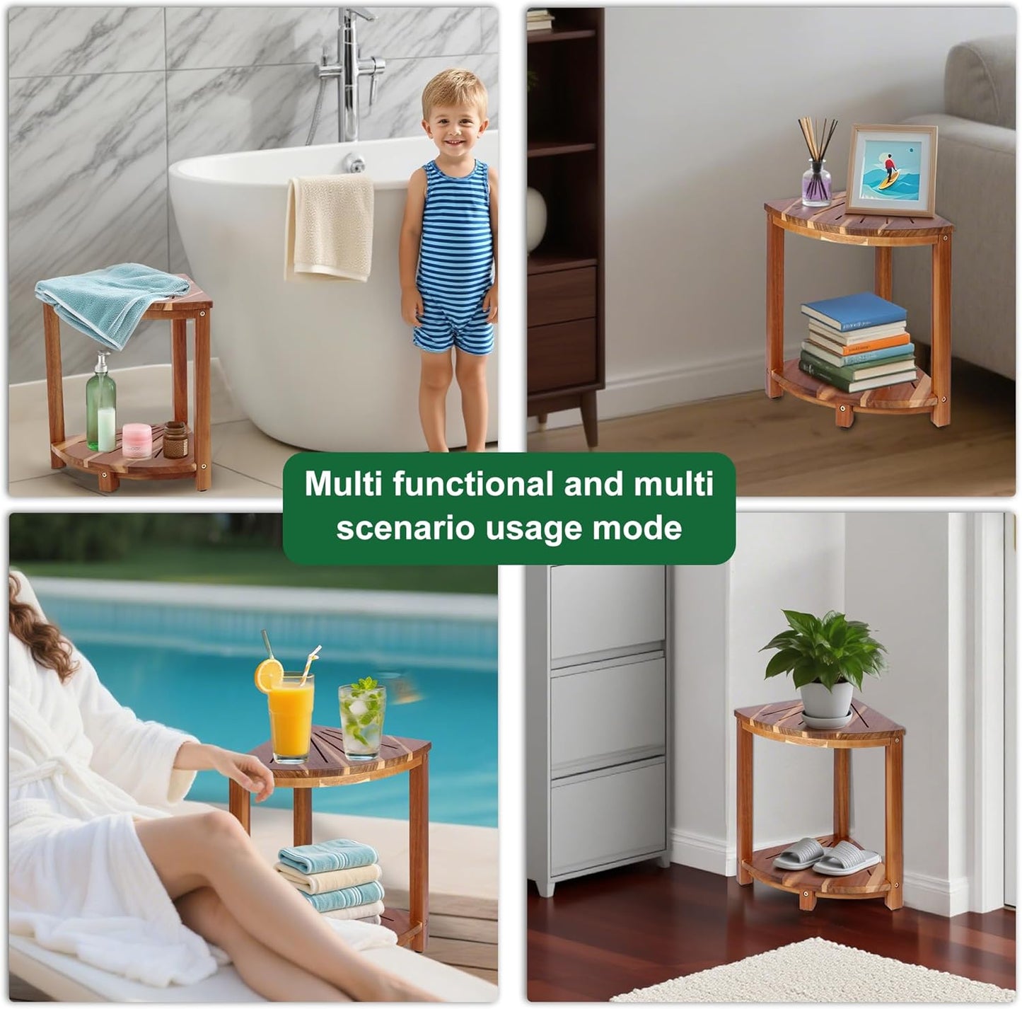 Bathroom Corner Shower Stool with Storage Shelf, Shower Feet Stool, Non-Slip Adjustable Feet Drain Holes, for Shaving Legs, SpacemSaving Shower Bench with Storage for Small Spaces