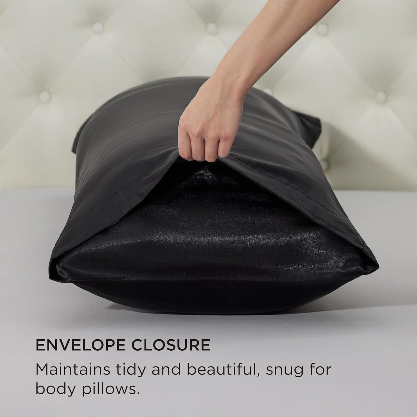 Bedsure Body Pillow Pillowcase - Cooling and Silky Long Body Pillow Covers with Envelope Closure, Satin Similar to Silk Pillowcase for Hair and Skin,Black,20x54 Inches