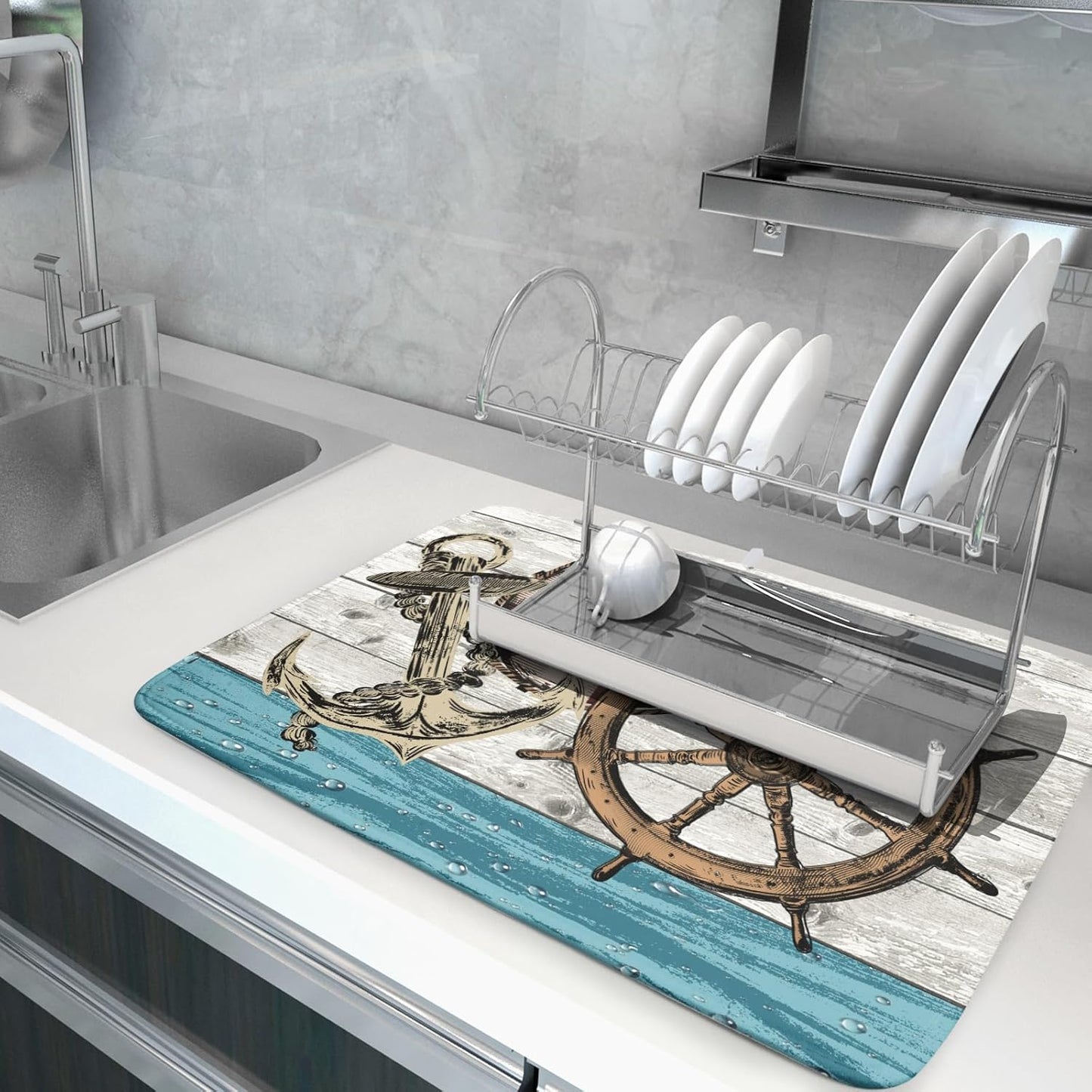 Nautical Anchor Dish Drying Mat 18x24 inch Coastal Boat Fast Dry Microfiber Reversible Dish Drainer Pad Kitchen Countertop Tabletop Decor