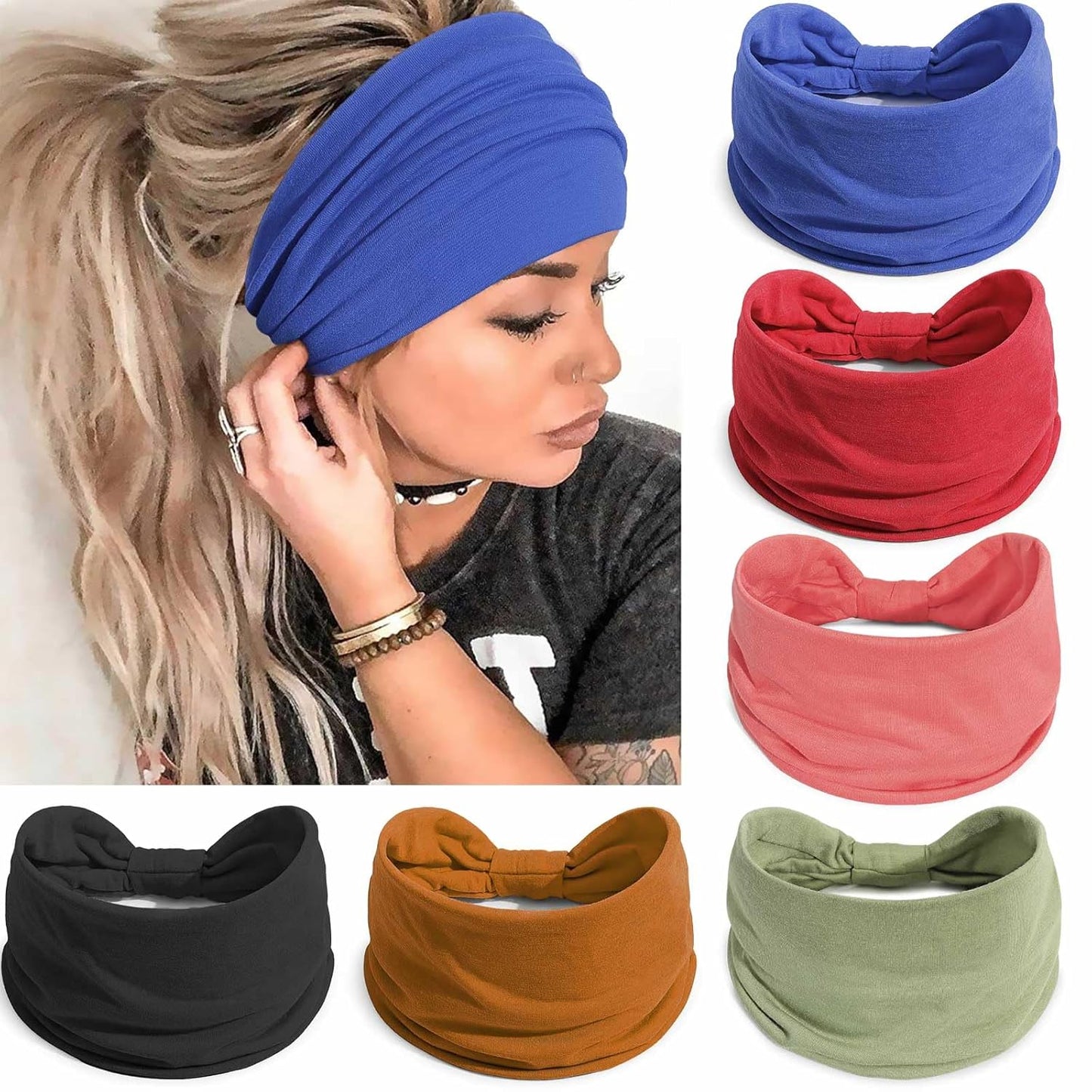 Wide Headbands for Women Knotted No Slip Head Bands Soft Turban Headband Hair Accessories Boho African Solid Color Head Wraps for Women Yoga Workout Pack of 6