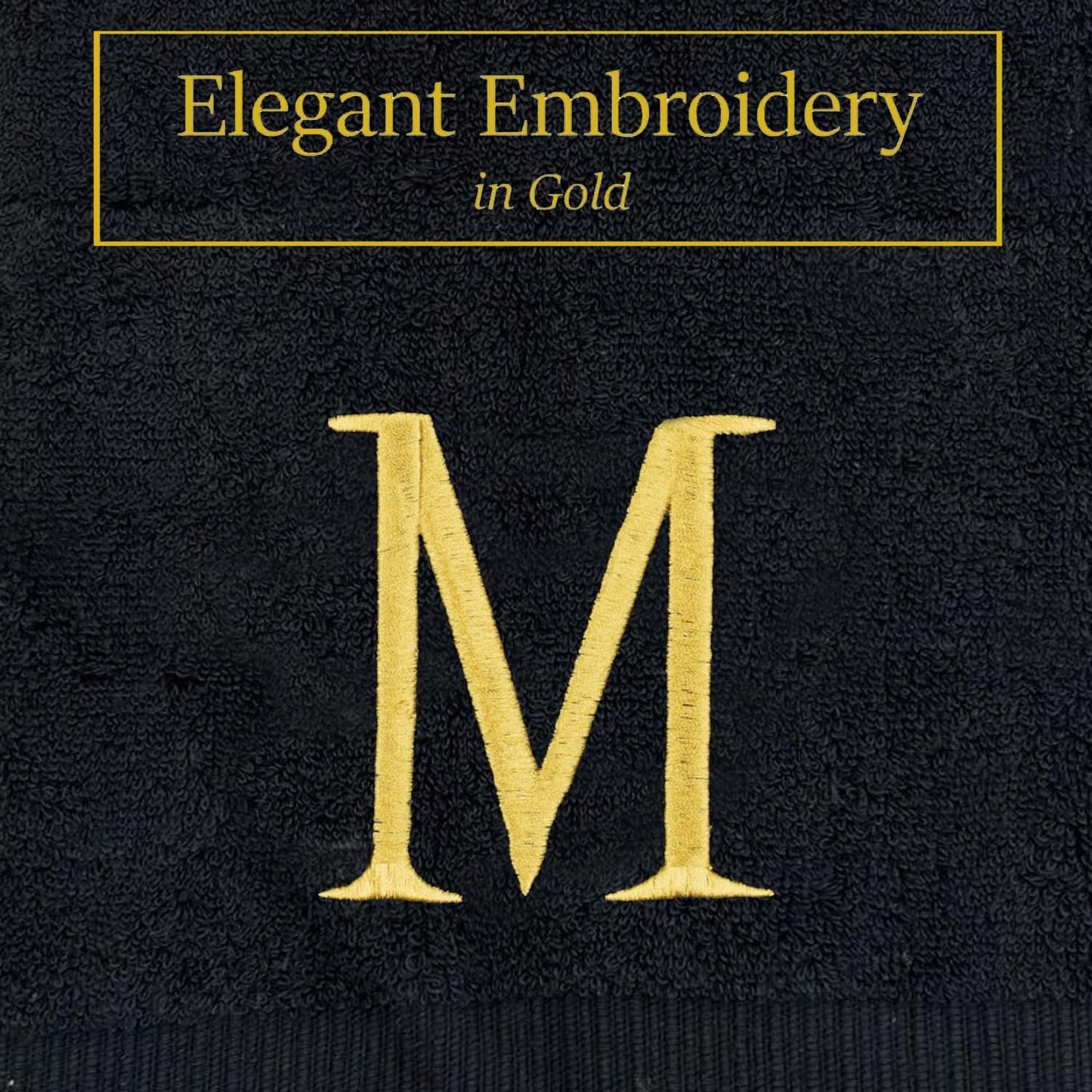 Black Initial Hand Towel for Bathroom - Monogrammed Luxury Hotel Quality Decorative Embroidered Towel for Powder Room, Spa - GOTS Organic -Certified - Pack of 2 - Letter M