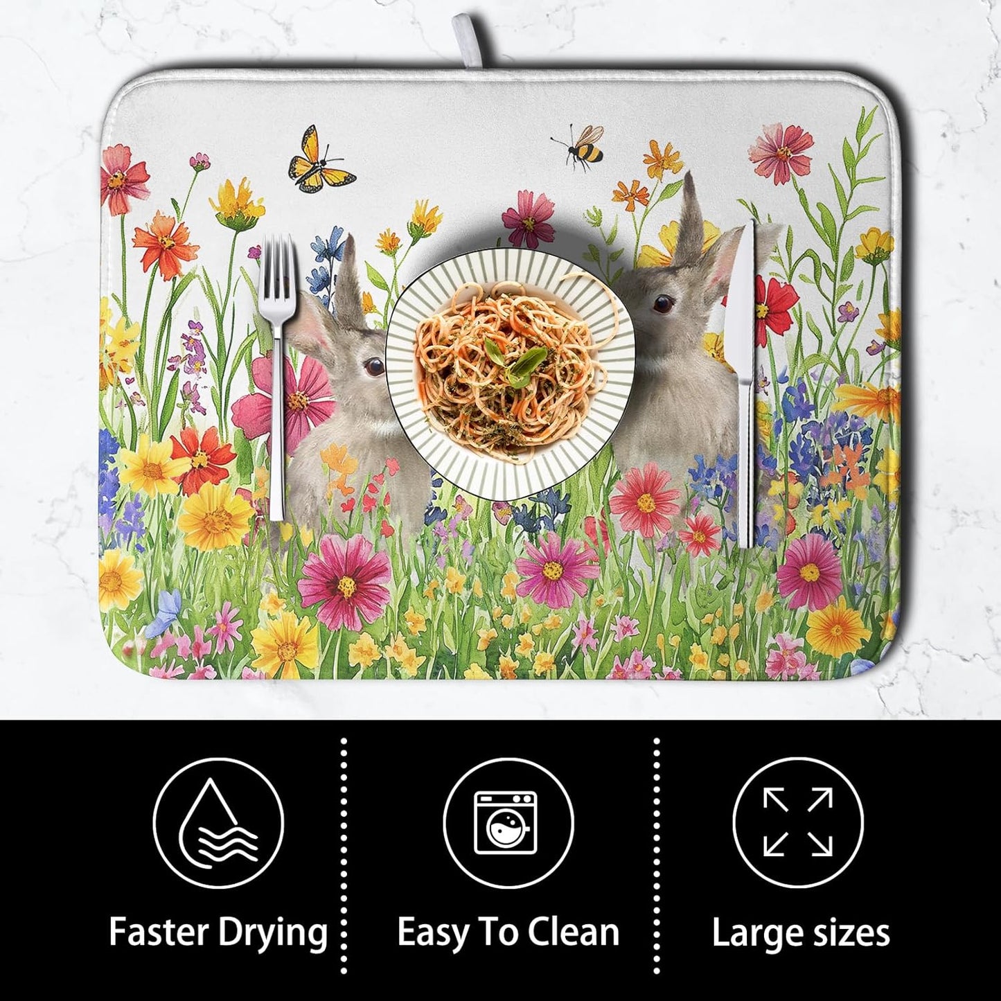 Easter Dish Drying Mat for Kitchen Counter Easter Bunny Flowers Dish Drying Pad Spring Rabbit Floral Dishes Drainer Mats Absorbent Microfiber Kitchen Countertop Protector Drying Mats 18x24 in