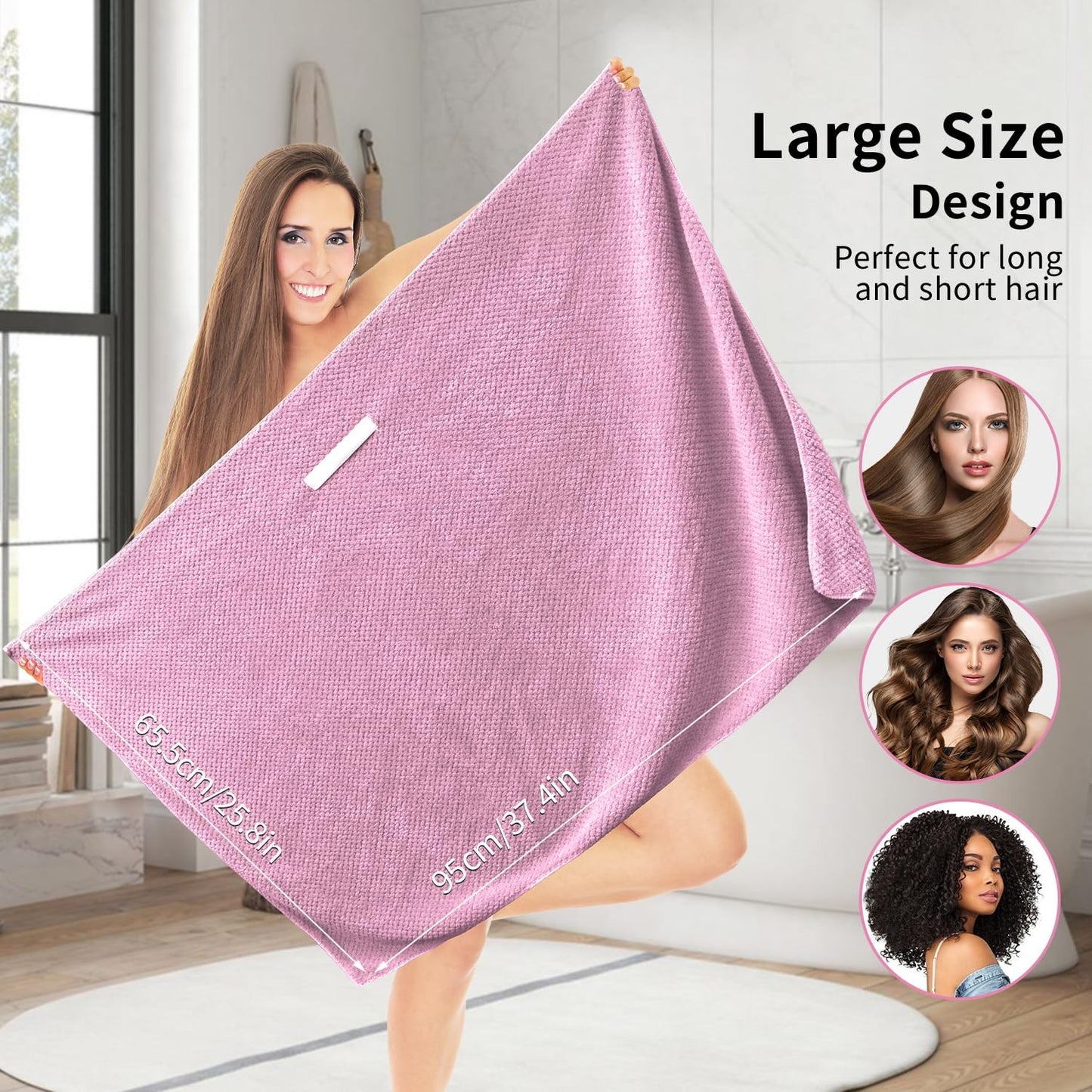 2 Pack Extra Large Microfiber Hair Towel, 37.4" x 26.4" Towel Wrap for Women, Super Absorbent & Quick Drying Hair Towel with Elastic Strap for Curly Long Hair