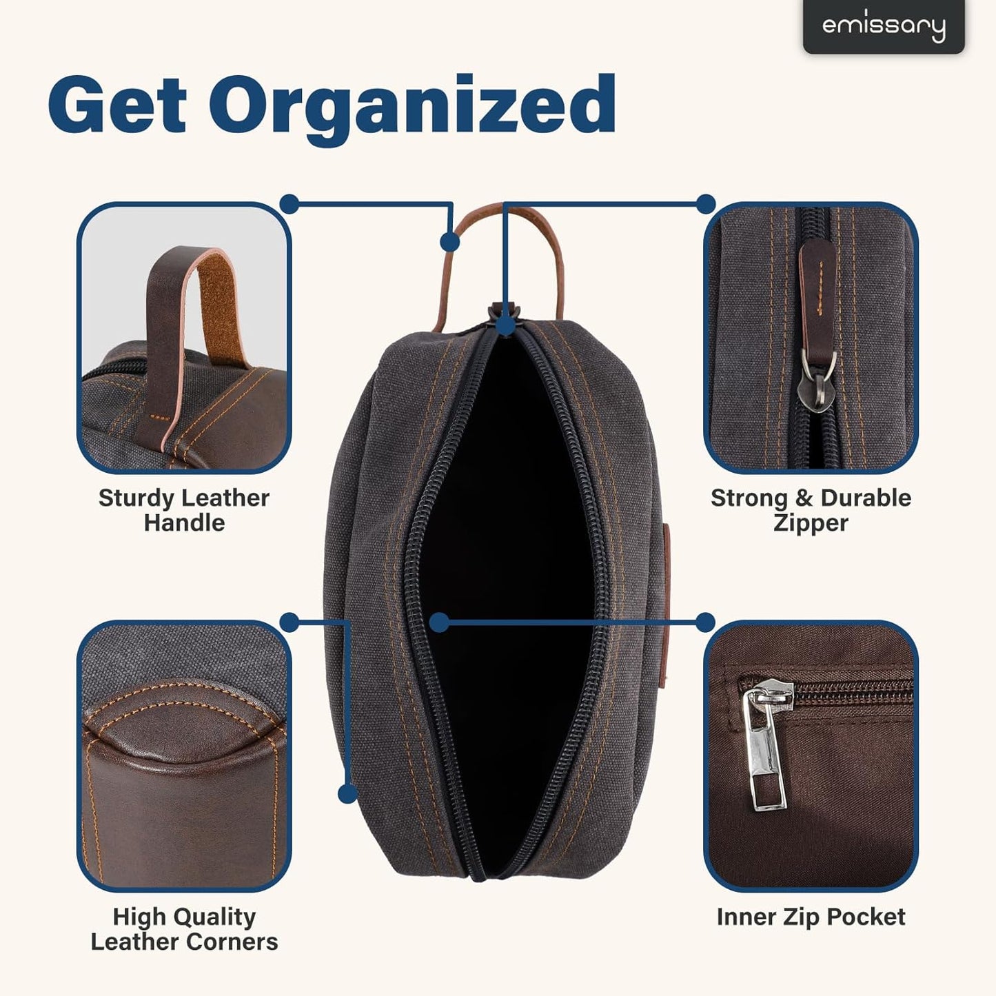 emissary Toiletry Bag for Men, Canvas Travel Toiletry Bag Men's Dopp Kit, Water-resistant Bathroom Bag Mens Shaving Kit, Travel Kit Small Bags, Shaving Bag, Toiletry Bags