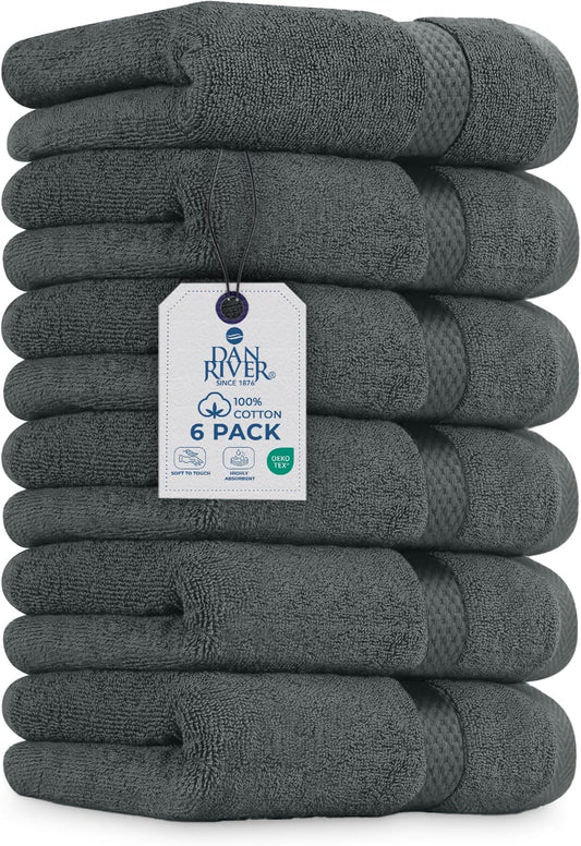 DAN RIVER 6-Pack Premium Hand Towels (16x28 Inches) - 100% Cotton, Ultra Soft, Lightweight, Highly Absorbent Towels for Bathroom, Spa, Gym, Salon, Hotel, and Travel - 550 GSM – Gray