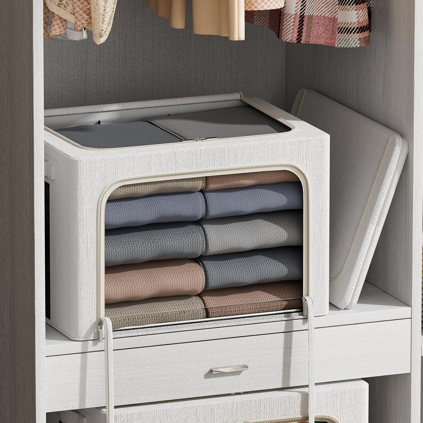 FHSQX 6 Pack Clothes Storage Bins with Metal Frame Foldable Storage Bins for Clothes Linen Fabric Storage Box with Clear Window (Lvory White, 15.7x11.8x7.8inch(22L))