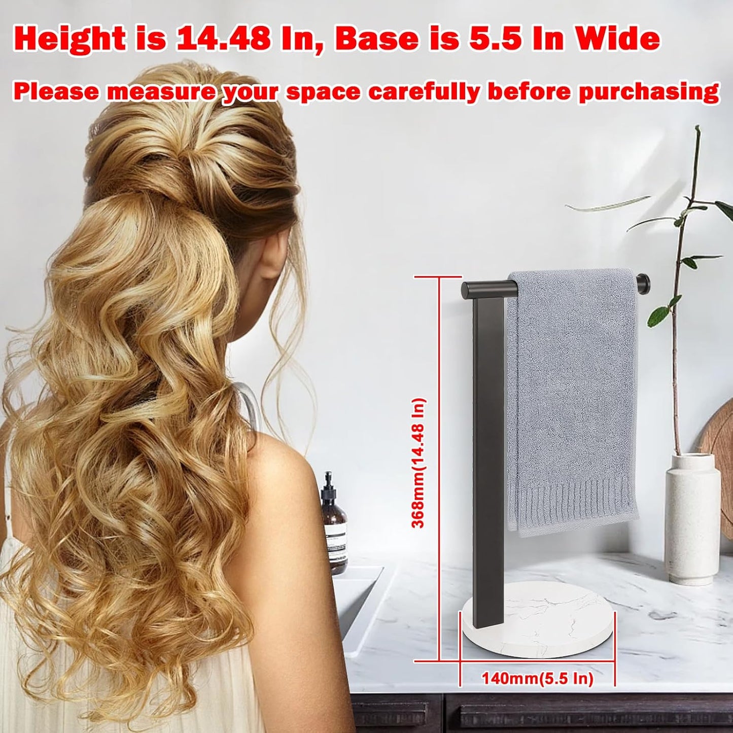 Hand Towel Holder Stand for Bathroom, L- Shaped Standing Hand Towel Rack, Towel Bar Kitchen Vanity Countertop Organizer, SUS304 Stainless Steel Material (Marble Base, Matte Black)