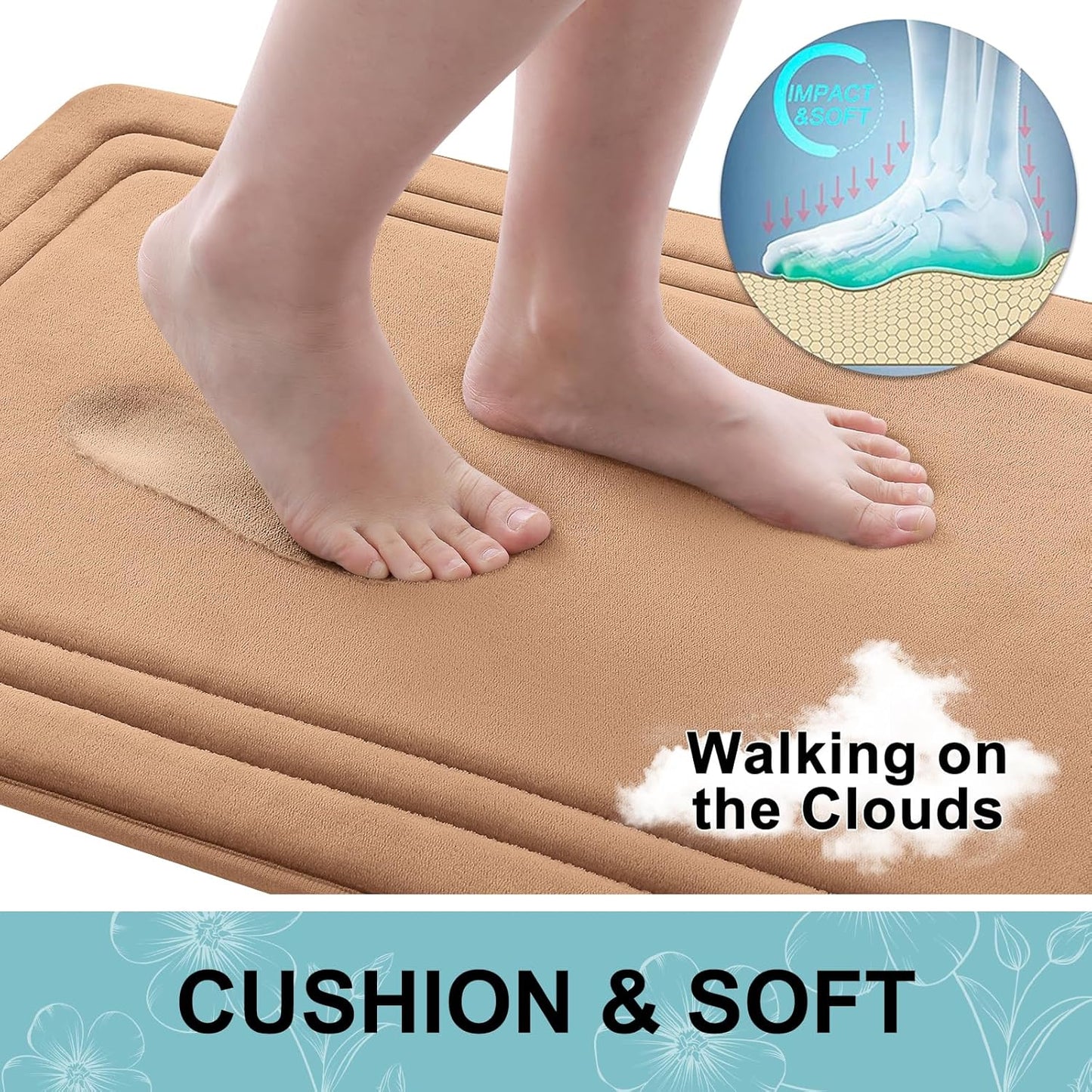 Grandaily Memory Foam Bath Mat Rug 24x16, Ultra Soft, Non-Slip and Absorbent Bathroom Rugs, Machine Wash Dry, Comfortable Bath Carpet for Bathroom Floor, Tub and Shower, Dark Beige