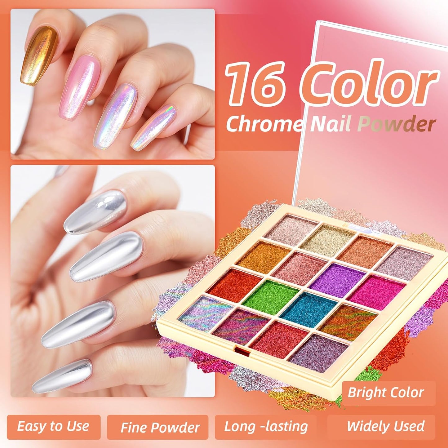Chrome Nail Powder Palette, 16 Glitter Laser Metal Mirror Effect Aurora Iridescent Holographic Gold Silver Bright Colors Ombre Nail Pigment Powder Kit French Nails Manicure DIY Accessories