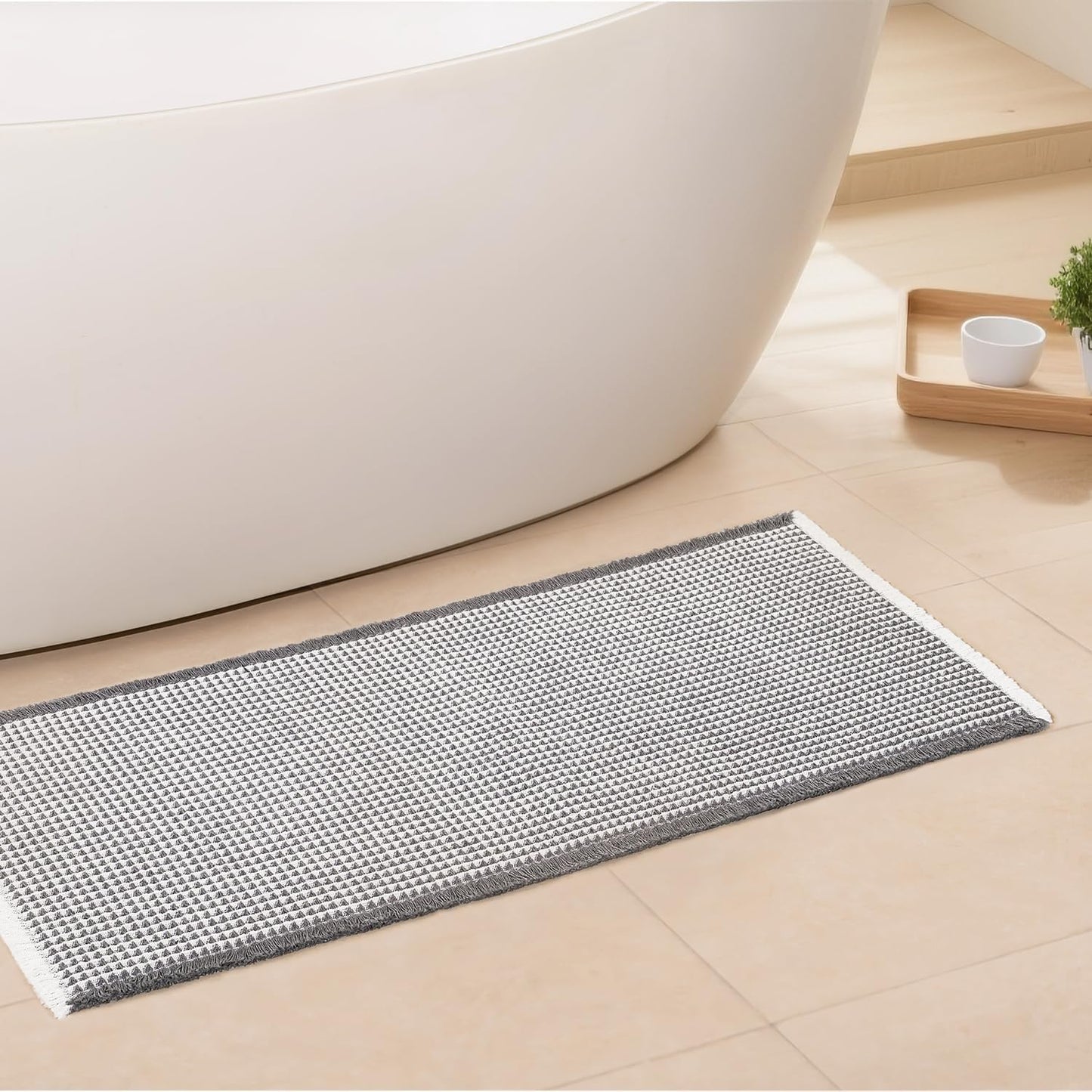 Waffle Bath Mat - Boho Bathroom Rugs Non Slip Washable, Super Absorbent & Quick Dry, Soft Bath Mat Farmhouse Bathroom Decor, 20'' x 48'', Dark Grey and White