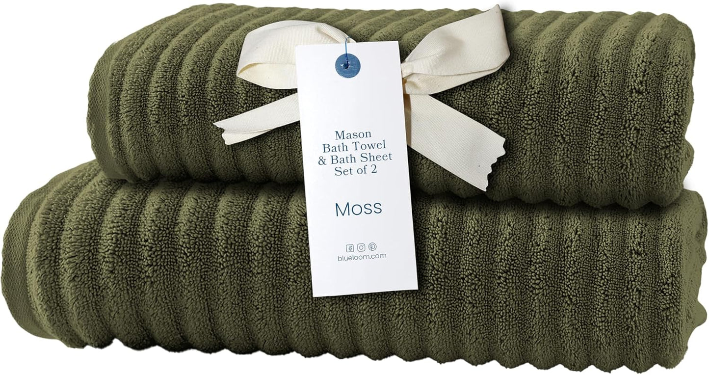 Blue Loom Ribbed Bath Sheet & Towel, 100% Cotton 600 GSM, Soft Absorbent Durable Quick Drying Bath Sheet & Bath Towel Set for Bathroom - Mason Set of 2 Moss Green (65" x 45" & 58" x 30")