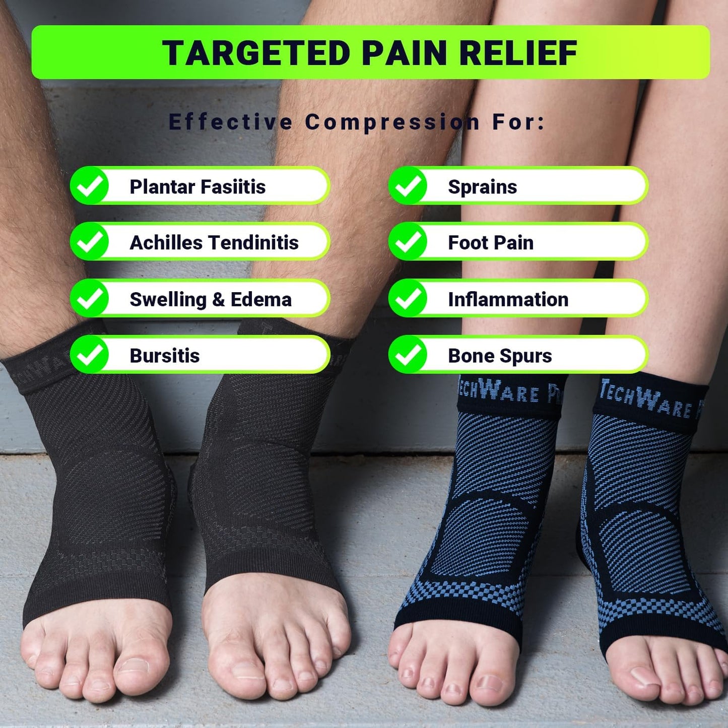 TechWare Pro Ankle Brace Compression Sleeve - Plantar Fasciitis Sock. Relieves Achilles Tendonitis. Foot Arch Support Reduces Joint Pain, Swelling & Heel Spur Pain. Injury Recovery Braces for Sports