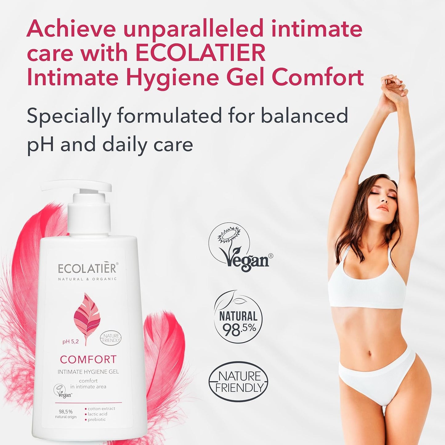 Feminine Wash Comfort with Cotton Extract – 98.5% Natural, Vegan, pH 5.2 Balanced Feminine Wash for Women, Gentle and Soothing Daily Intimate Wash, Restores Moisture and Microflora, 8.5 Fl Oz