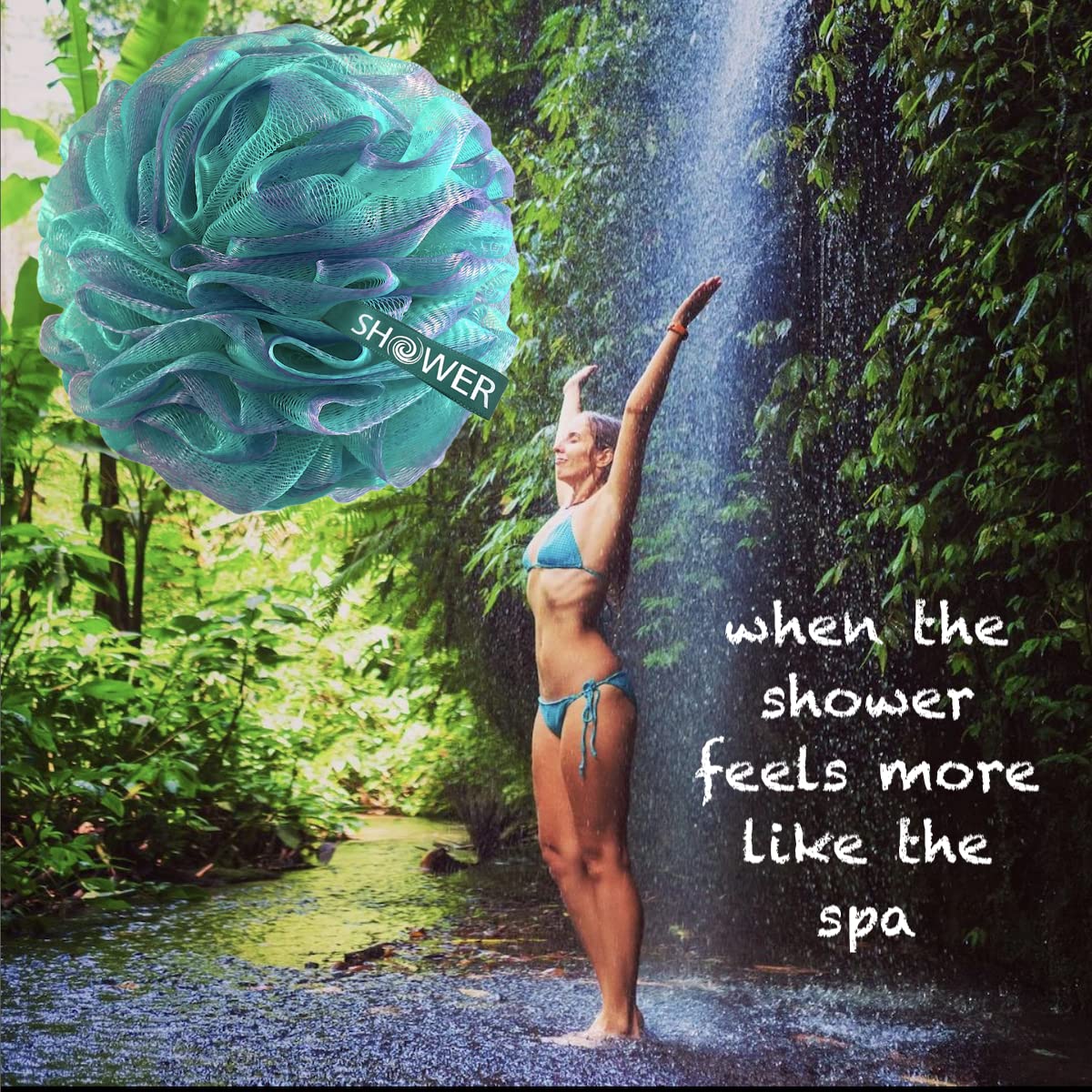 SHOWER BOUQUET Loofah Bath-Sponge XL Swirl-Deep-4-Pack // Extra Large 75g Soft Mesh Net Luffa Loofa Loufa Lufa Puff Set/Exfoliating Body Scrubber for Women and Men - Exfoliate & Soothe Face & Body