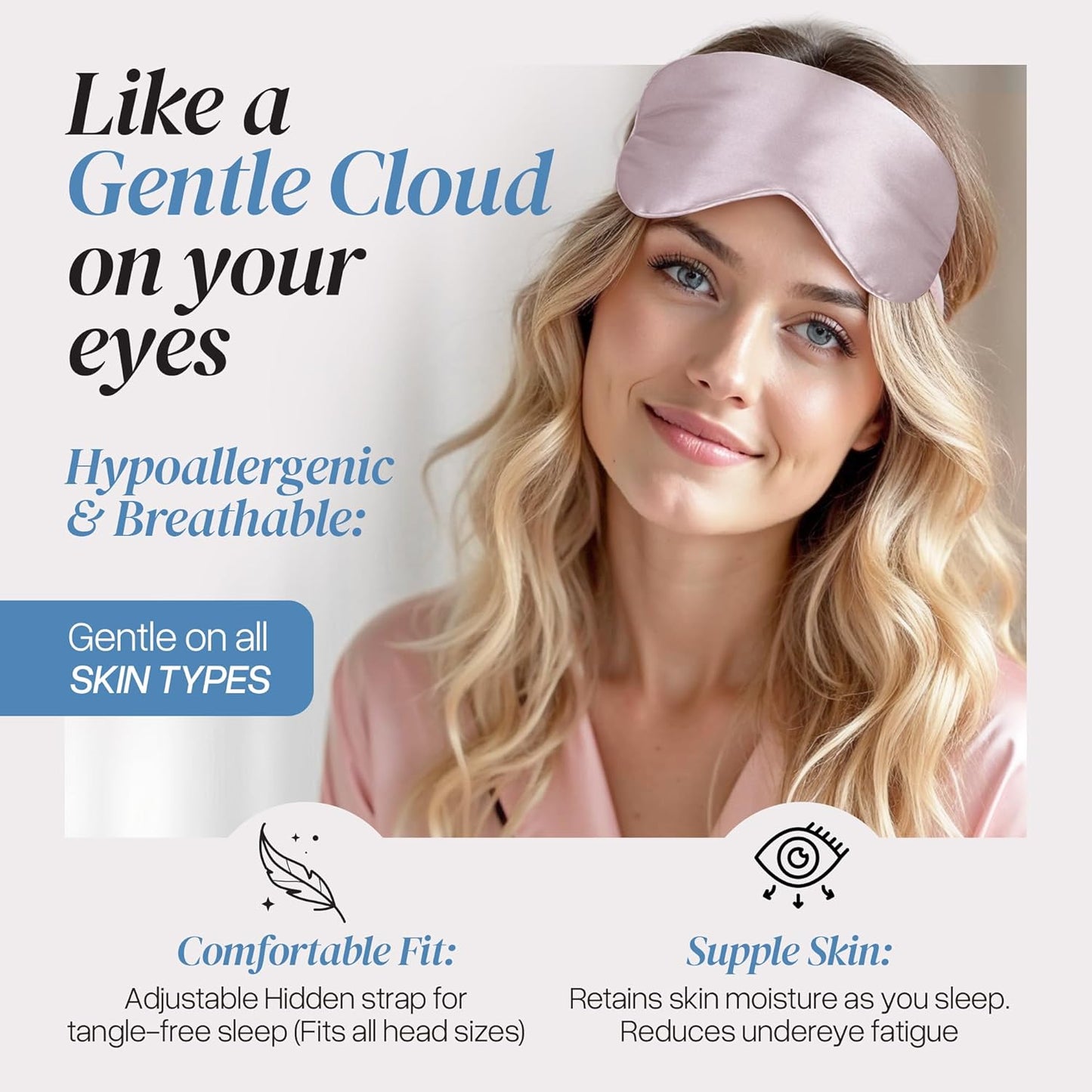 Adjustable Silk Sleep Mask Eye Covers | 100% Pure 6A Mulberry Silk | Blackout & Hypoallergenic | Concealed Strap for Women & Men | for Sleeping & Travel (Pink)