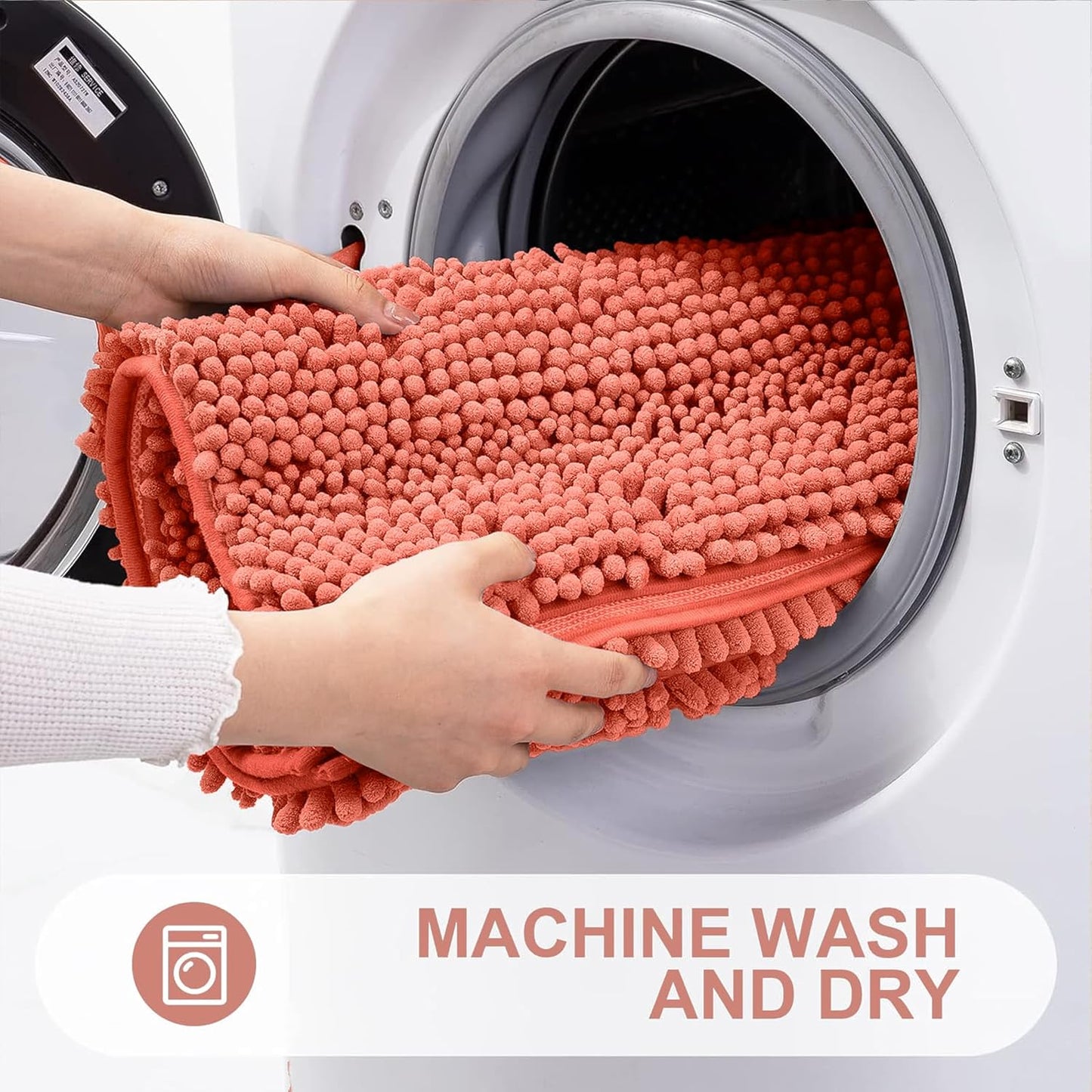 Grandaily Chenille Striped Bathroom Rugs 30x20, Extra Thick and Absorbent Bath Mats, Non-Slip Soft Plush Shaggy Shower Carpet, Machine Wash Dry, Bath Rug for Bathroom, (Medium, Coral)