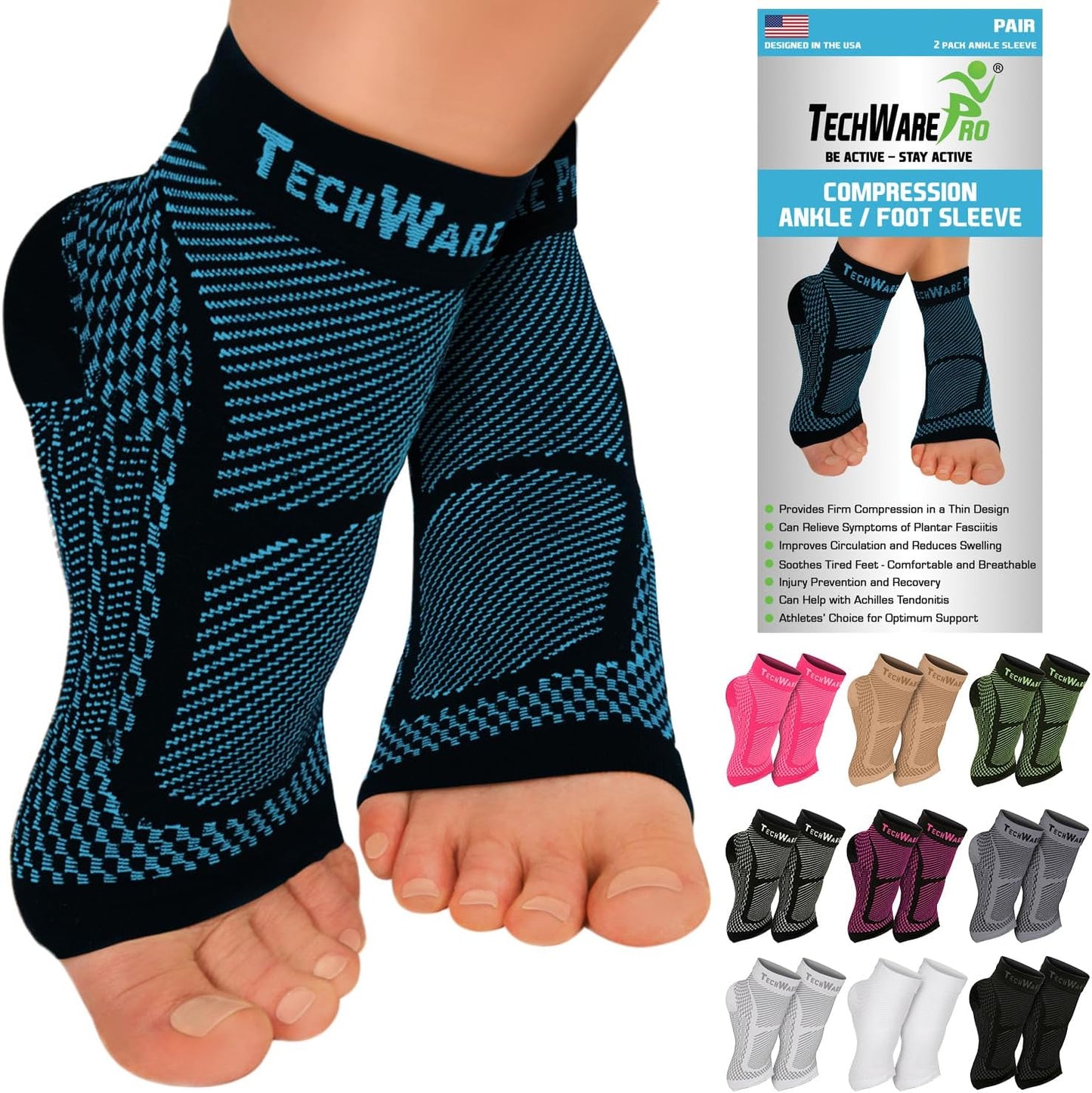 TechWare Pro Ankle Brace Compression Sleeve - Plantar Fasciitis Sock. Relieves Achilles Tendonitis. Foot Arch Support Reduces Joint Pain, Swelling & Heel Spur Pain. Injury Recovery Braces for Sports
